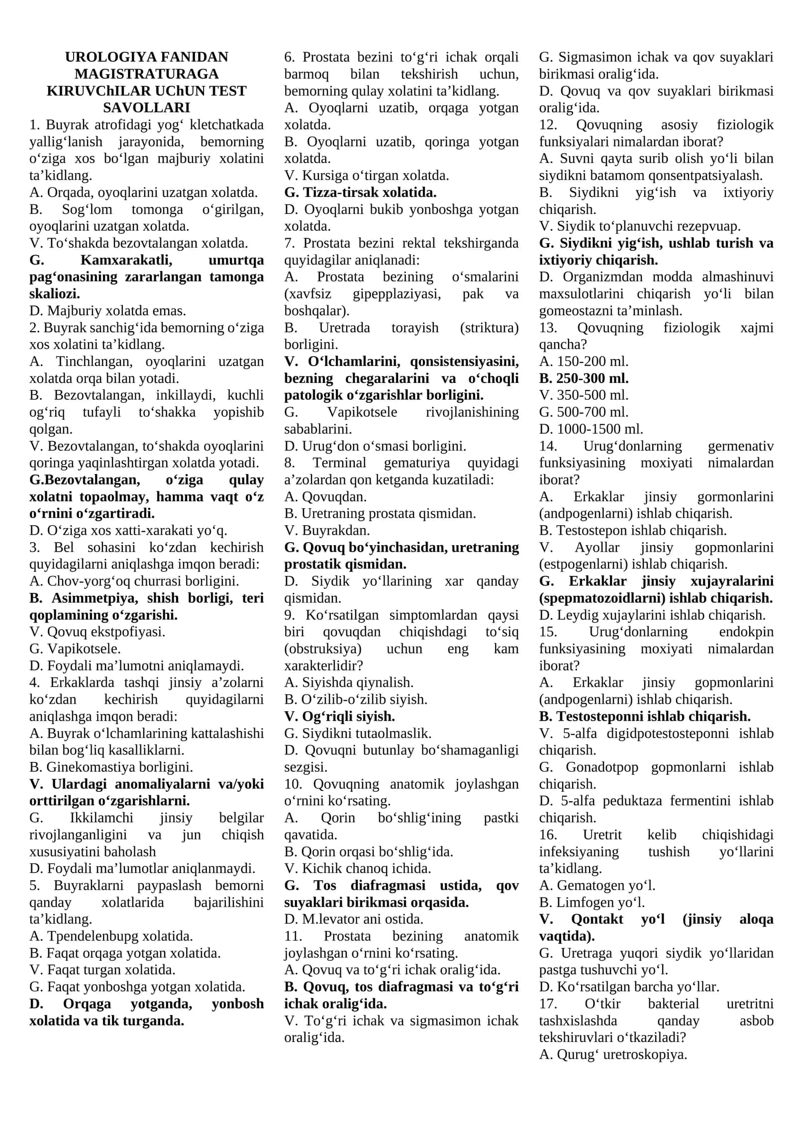 UROLOGIYA FANIDAN MAGISTRATURAGA KIRUVChILAR UChUN TEST SAVOLLARI 2026 1