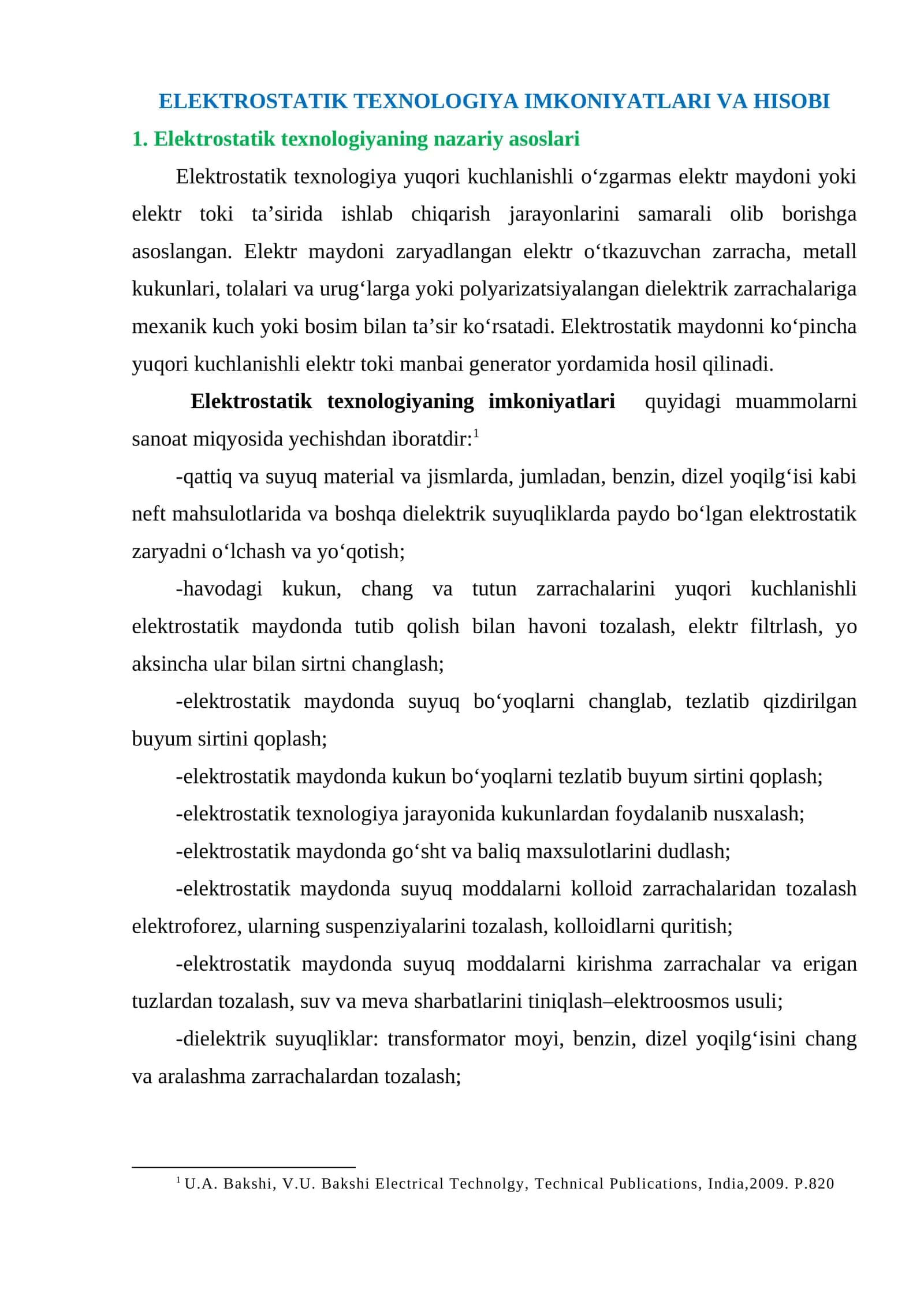 ELEKTROSTATIK TEXNOLOGIYA IMKONIYATLARI VA HISOBI 1