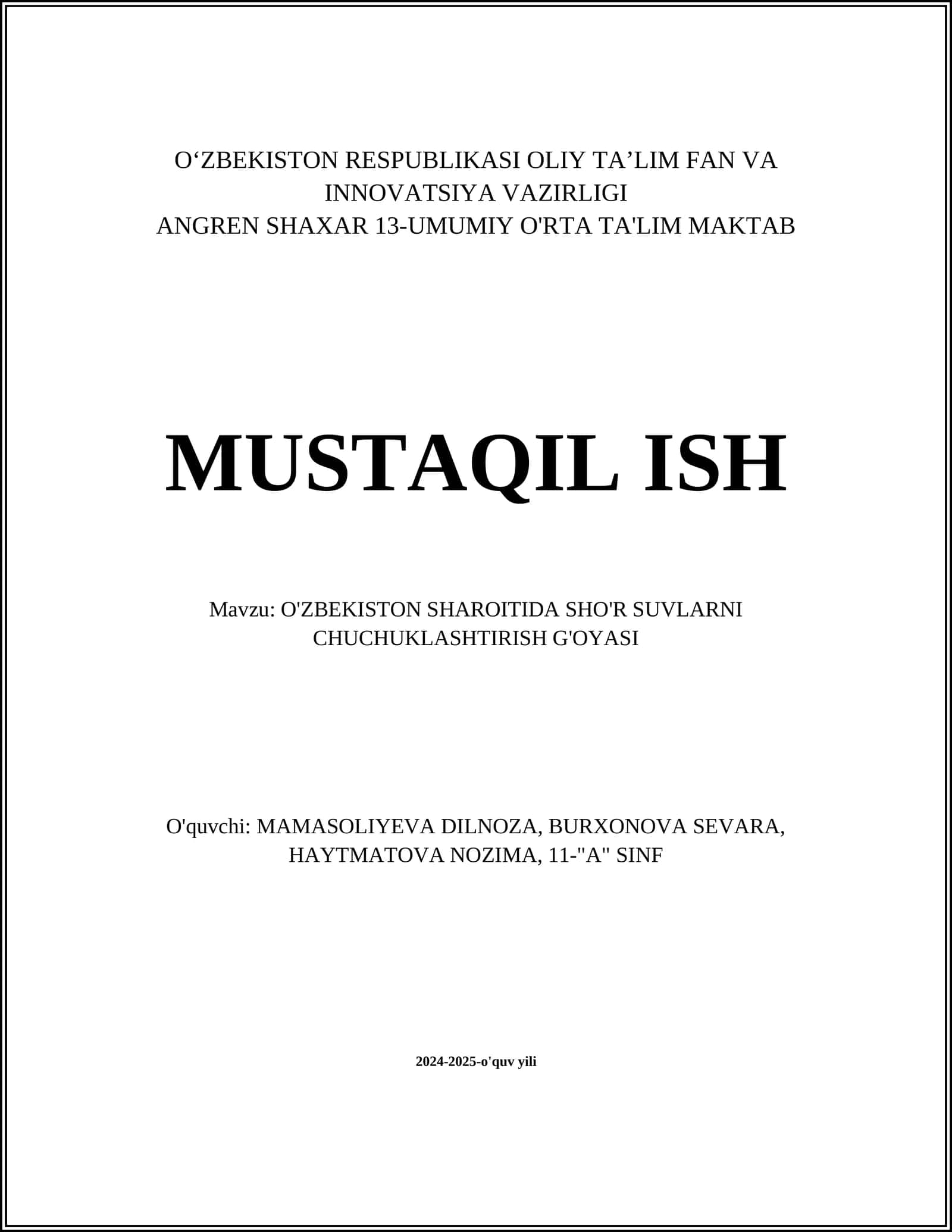 O'ZBEKISTON SHAROITIDA SHO'R SUVLARNI CHUCHUKLASHTIRISH G'OYASI 1