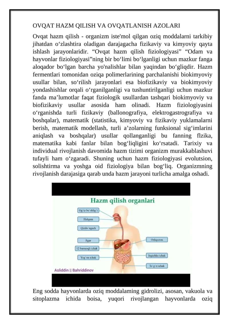 OVQAT HAZM QILISH VA OVQATLANISH AZOLARI 1