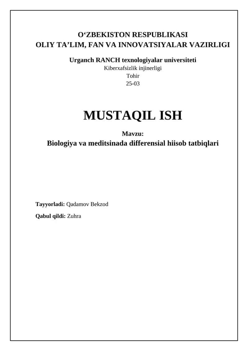 Biologiya va meditsinada differensial hiisob tatbiqlari 1