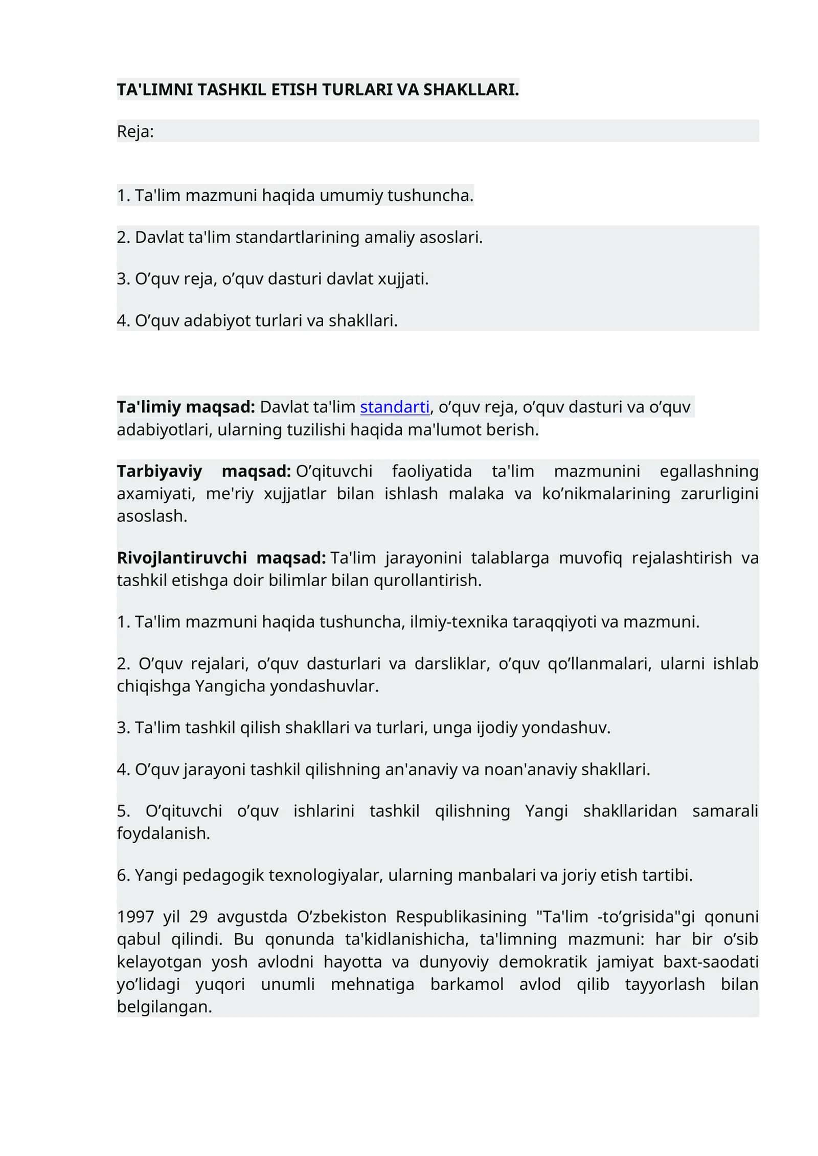 Ta'LIMNI TASHKIL ETISH TURLARI VA SHAKLLARI 1