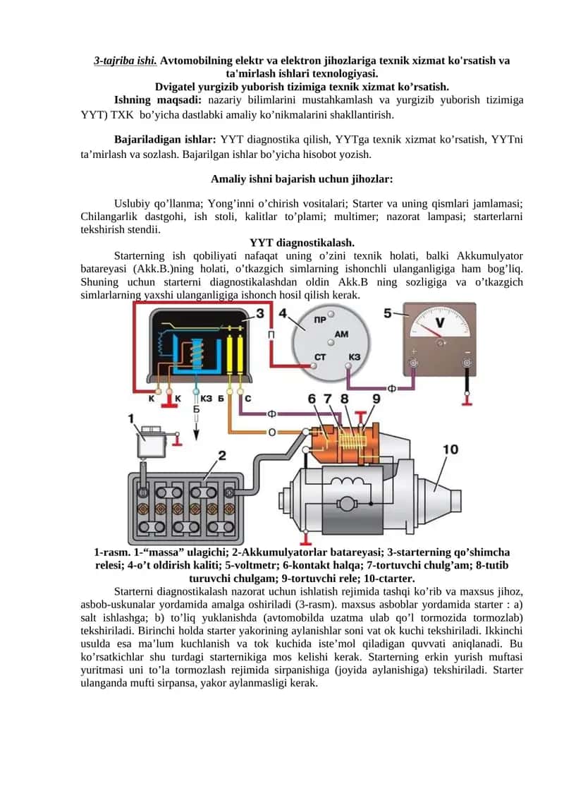 Avtomobilning elektr va elektron jihozlariga texnik xizmat ko'rsatish va ta'mirlash ishlari texnologiyasi 1