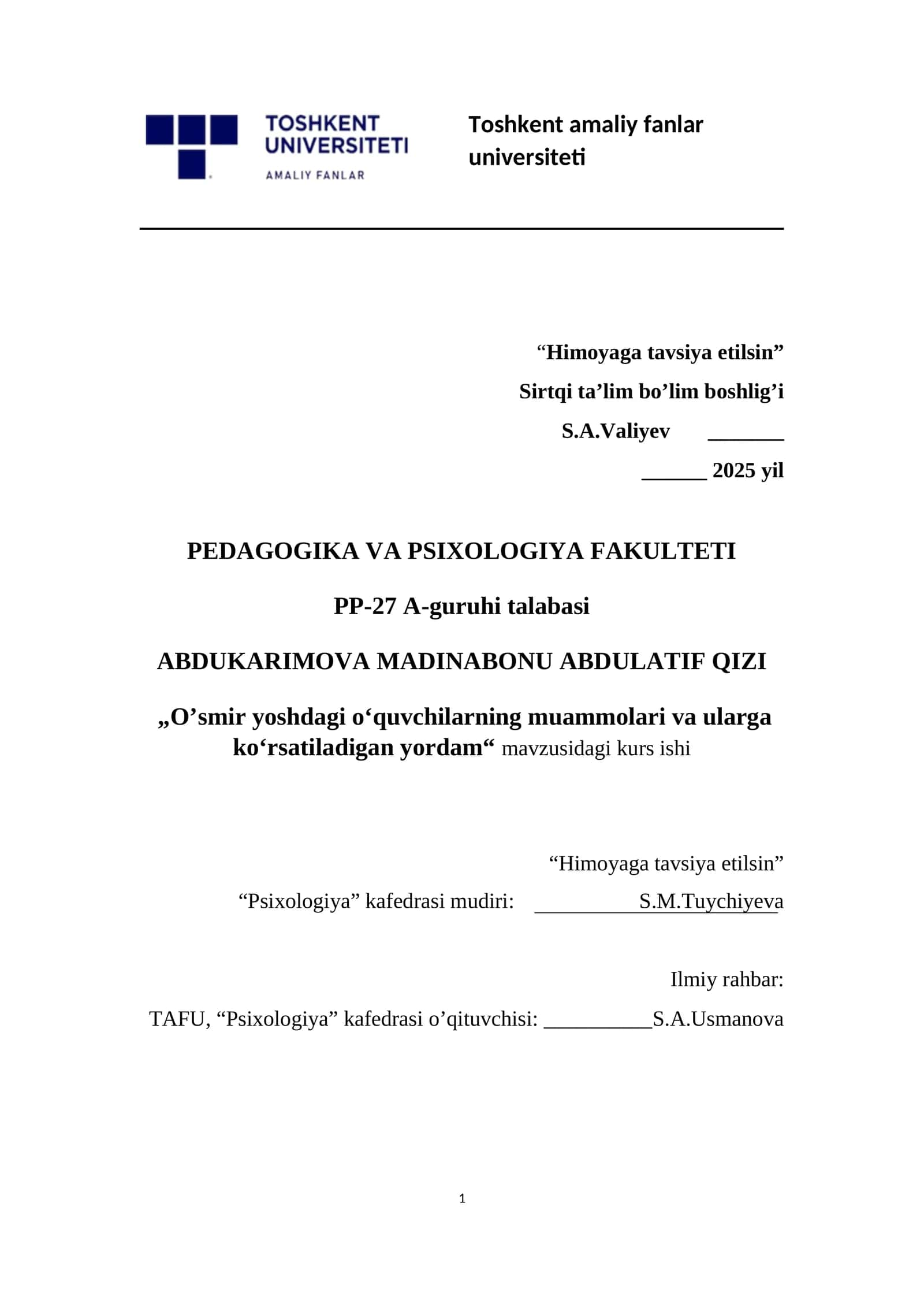 O’smir yoshdagi o‘quvchilarning muammolari va ularga ko‘rsatiladigan yordam 1