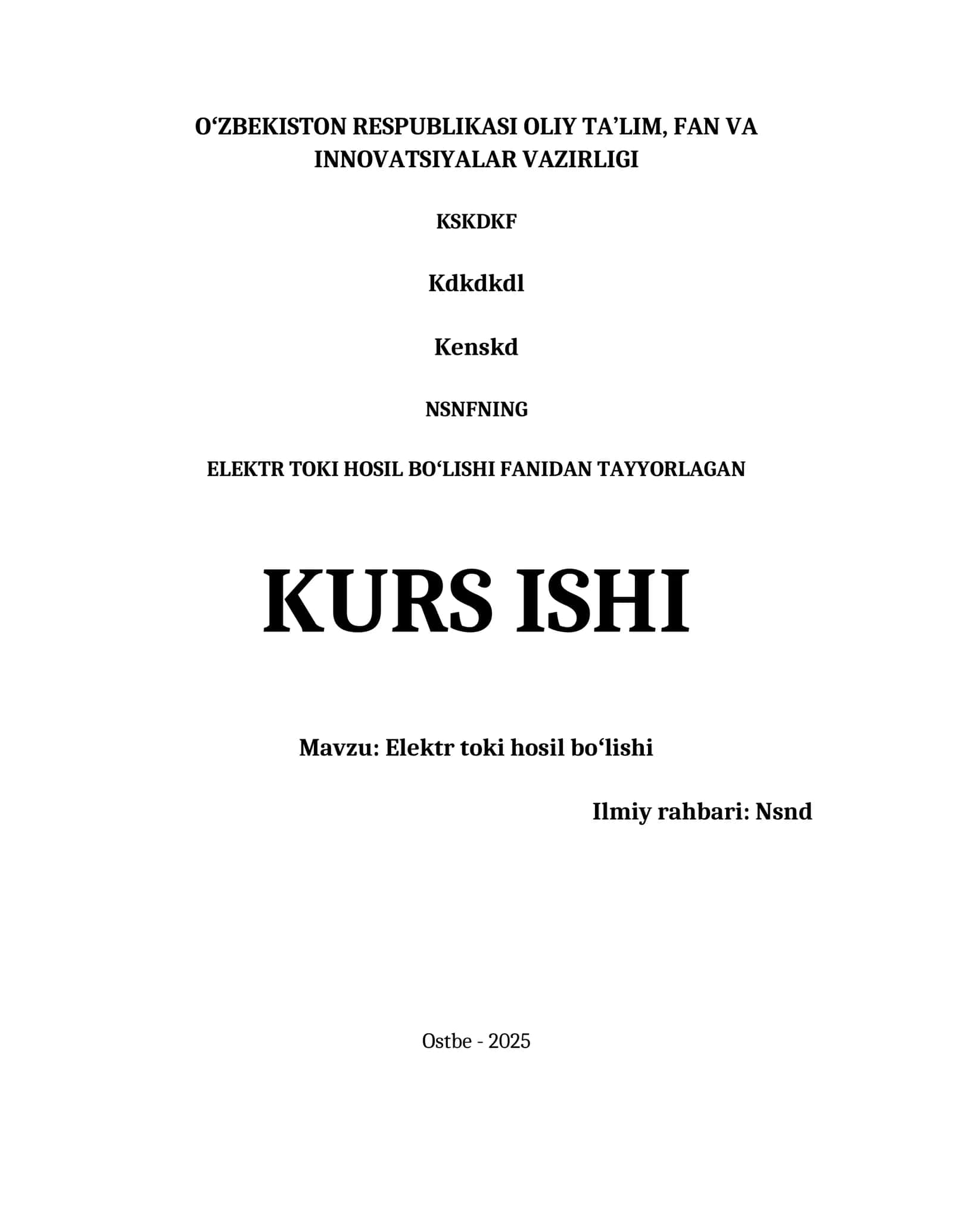 ELEKTR TOKI HOSIL BOʻLISHI KURS ISHI 1