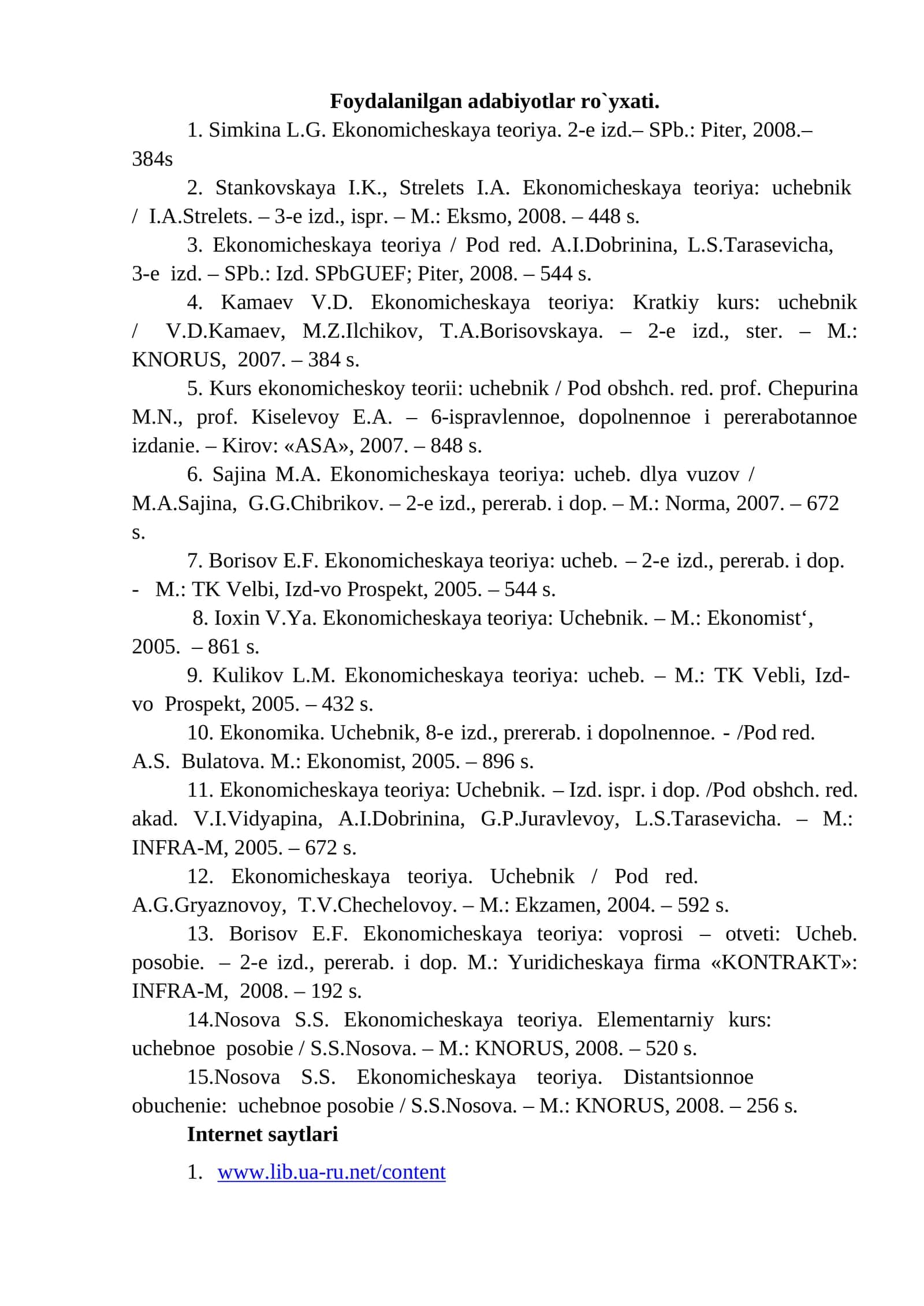 Foydalanilgan adabiyotlar ro`yxati 1