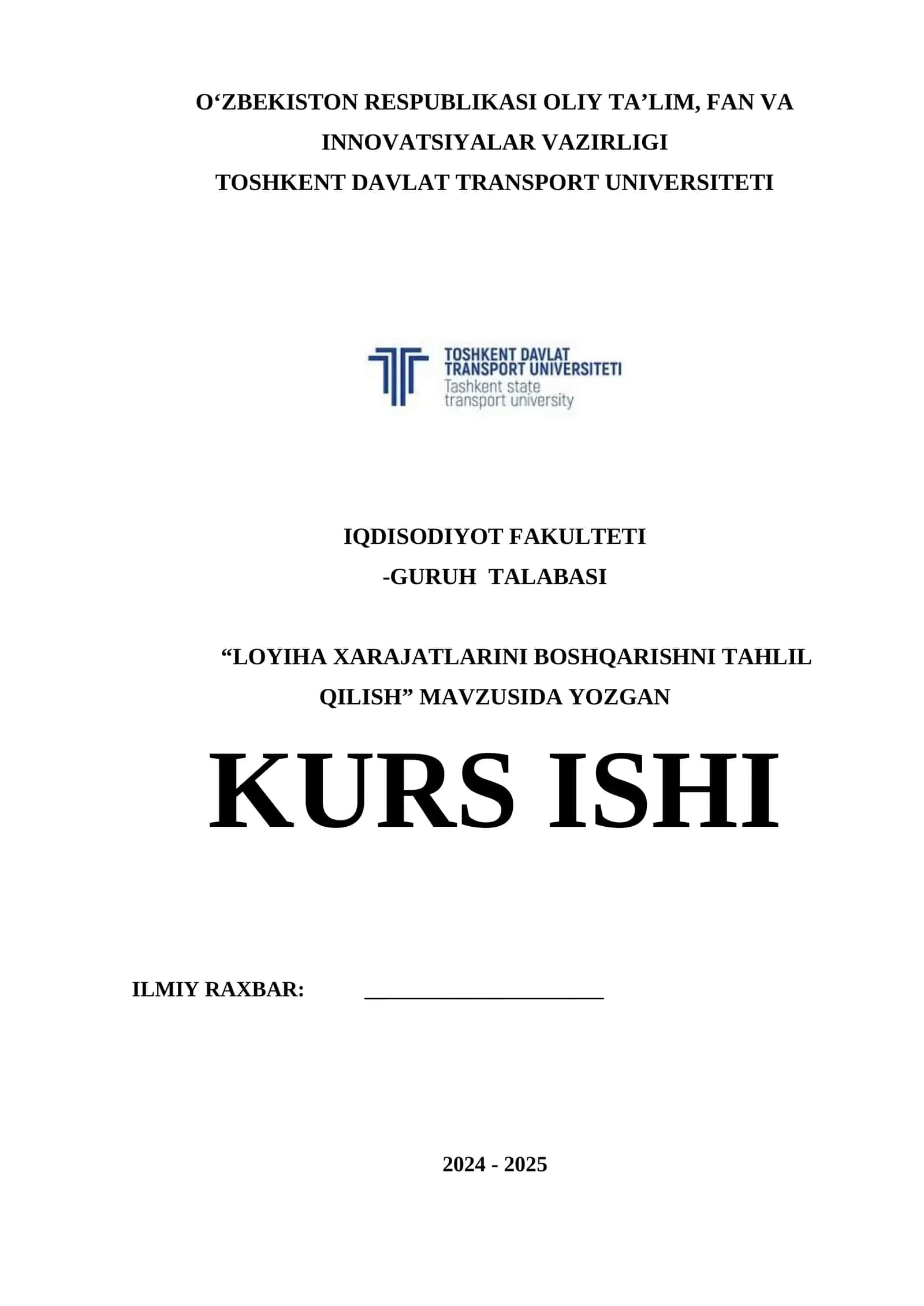 LOYIHA XARAJATLARINI BOSHQARISHNI TAHLIL QILISH 1
