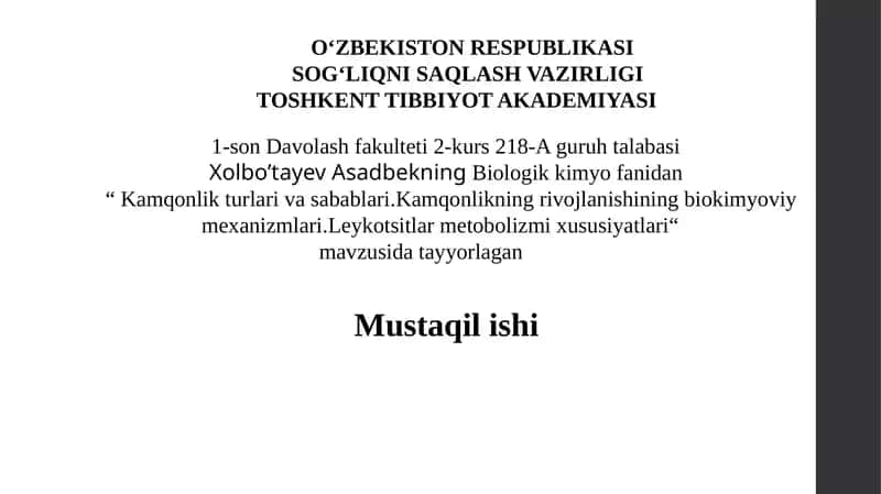 Kamqonlikning rivojlanishining biokimyoviy mexanizmlari 1