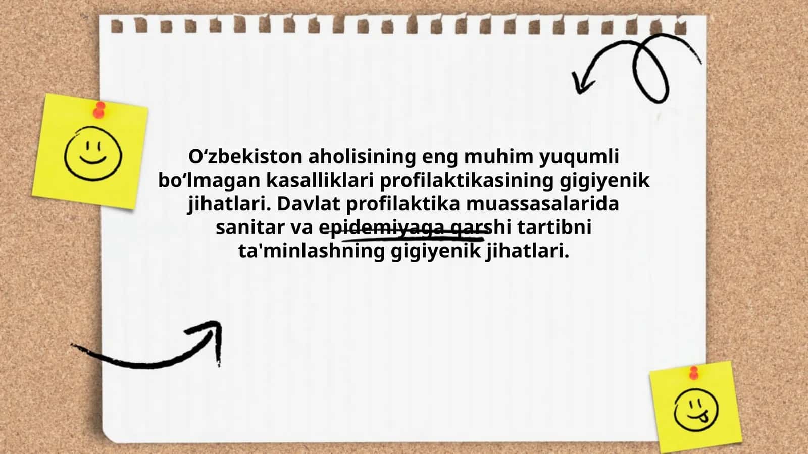 Oʻzbekiston aholisining eng muhim yuqumli boʻlmagan kasalliklari profilaktikasining gigiyenik jihatlari. Davlat profilaktika muassasalarida sanitar va epidemiyaga qarshi tartibni ta'minlashning gigiyenik jihatlari 1