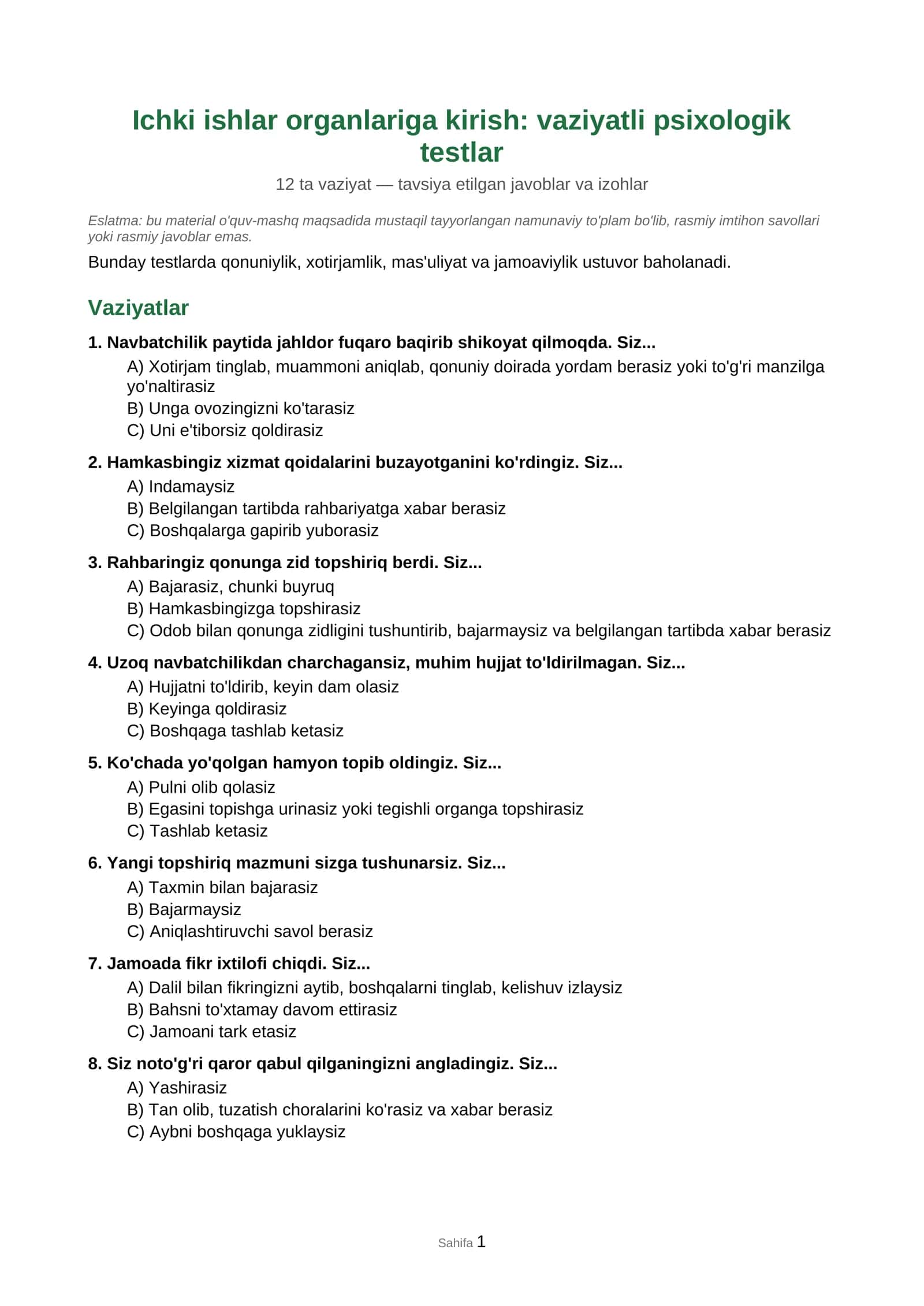 Ichki ishlar organlariga kirish: vaziyatli psixologik testlar 1