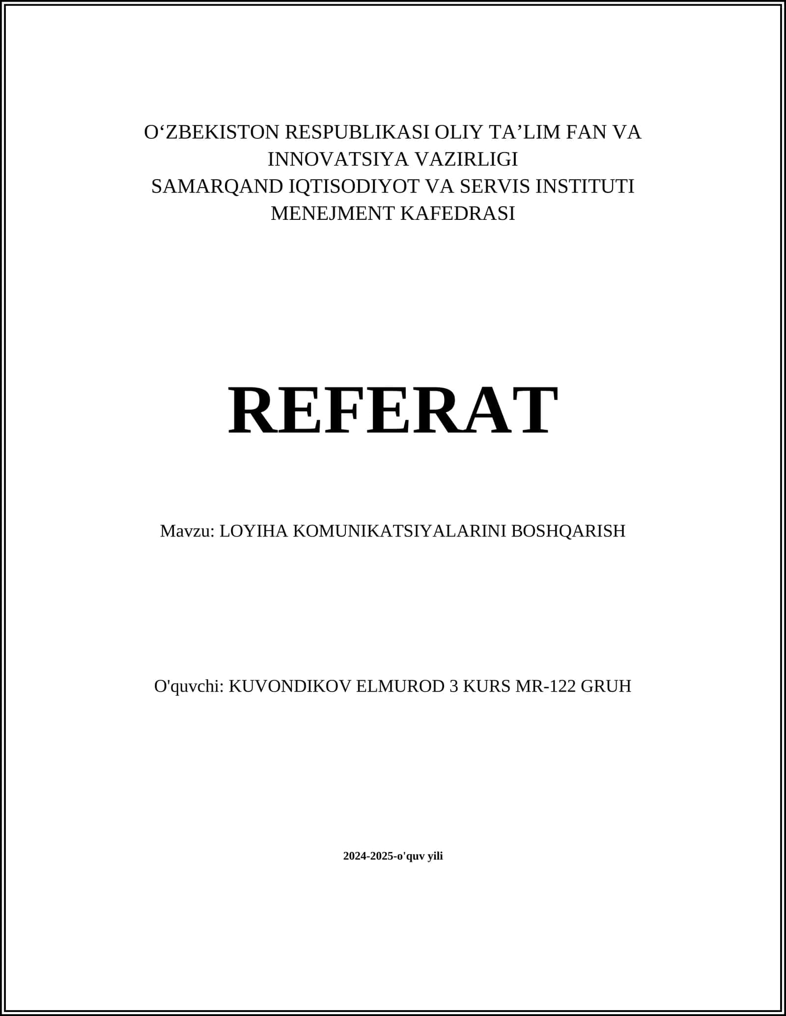 LOYIHA KOMUNIKATSIYALARINI BOSHQARISH 1