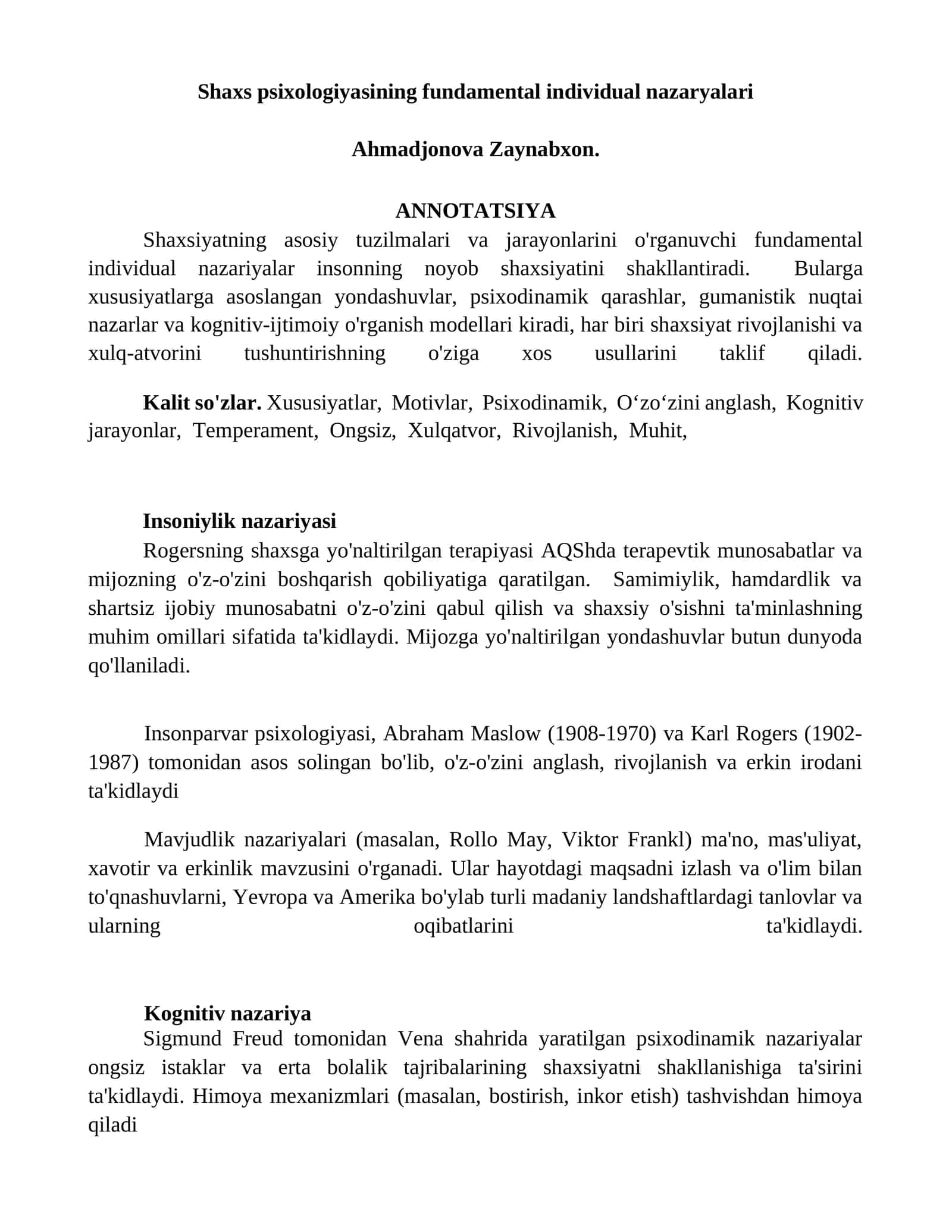 Shaxs psixologiyasining fundamental individual nazaryalari 1