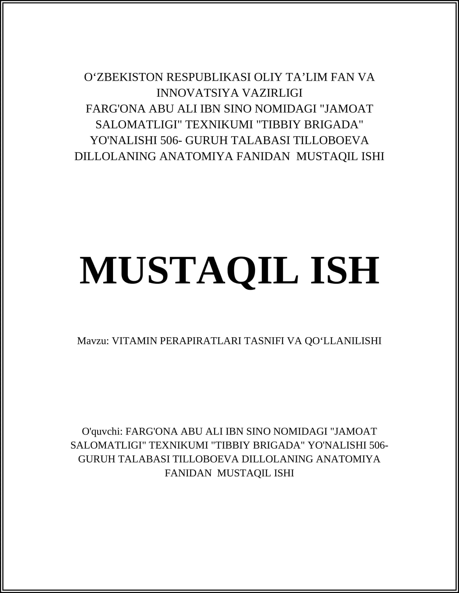 VITAMIN PERAPIRATLARI TASNIFI VA QOʻLLANILISHI 1