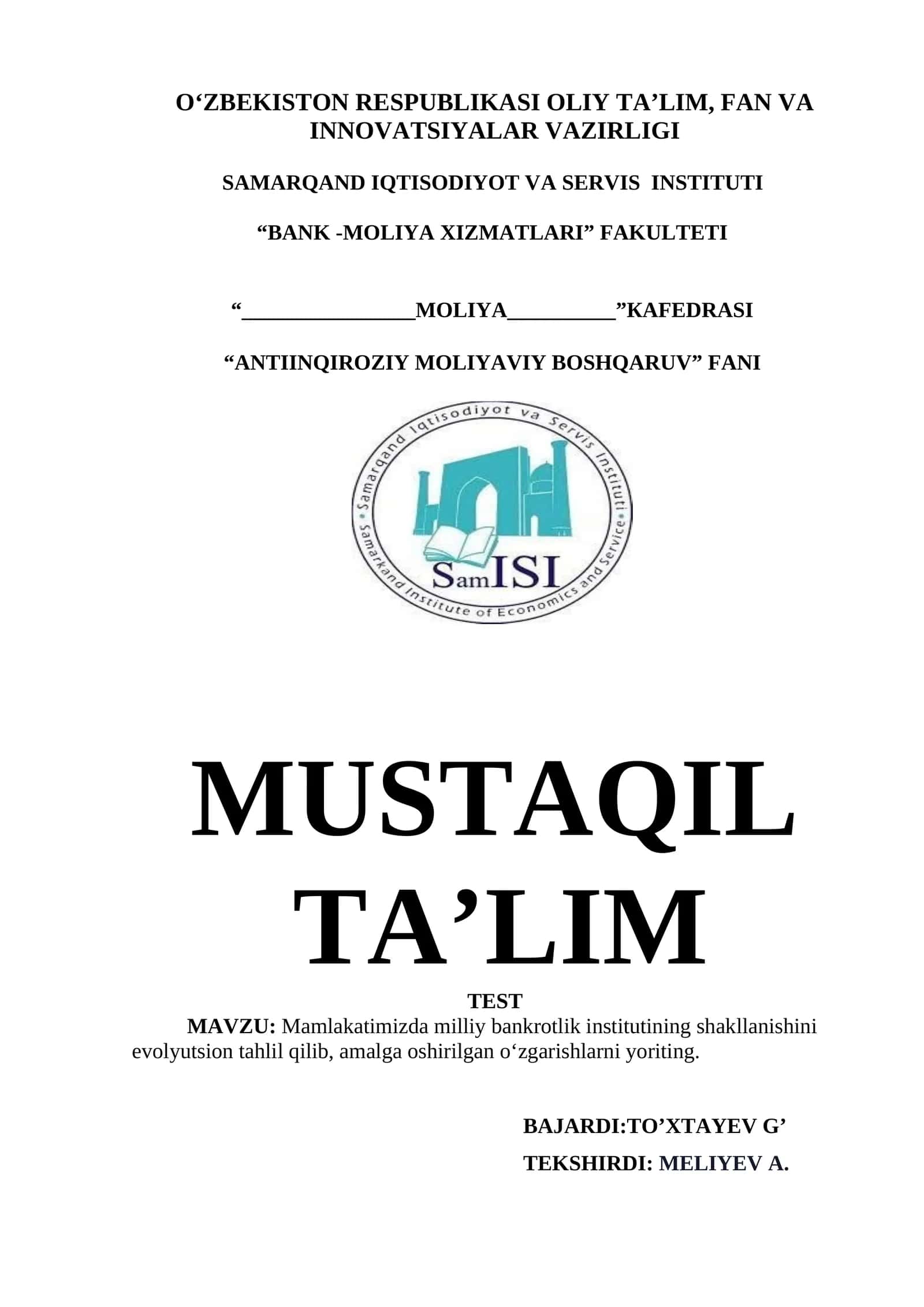 ANTIINQIROZIY MOLIYAVIY BOSHQARUV 1