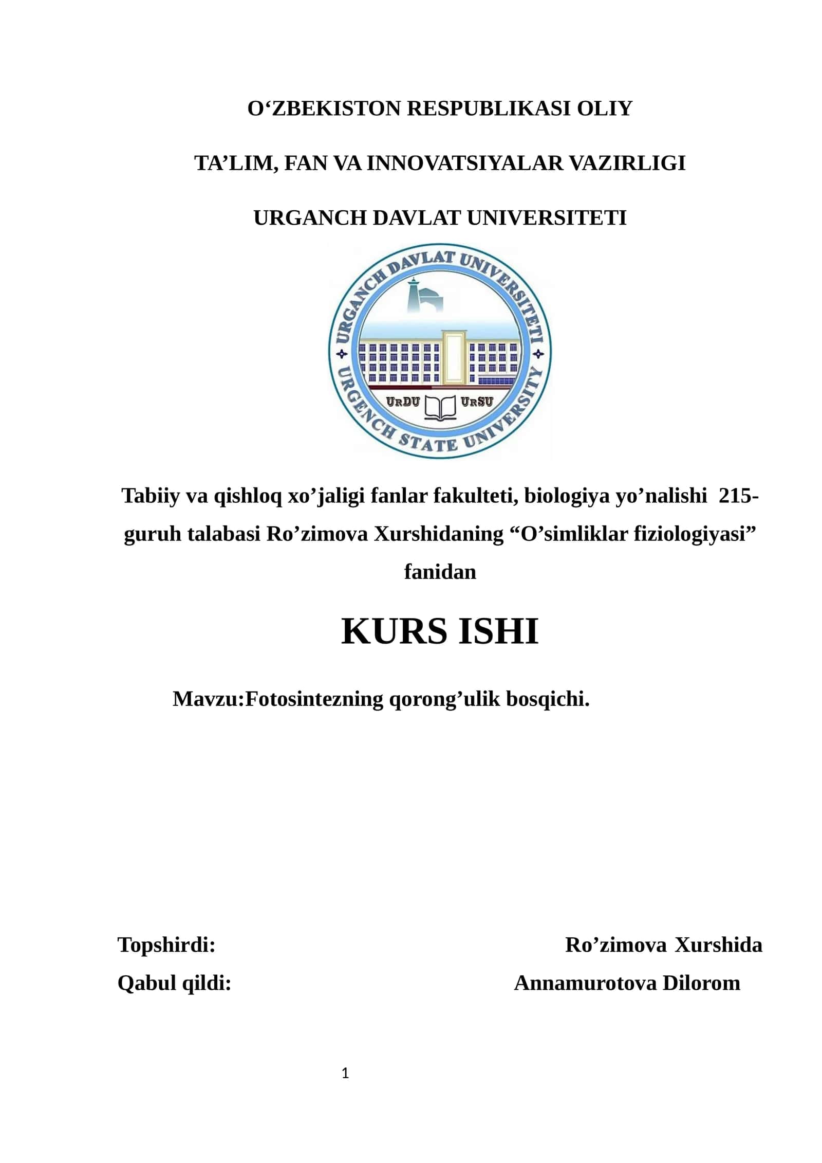 Fotosintezning qorong’ulik bosqichi 1