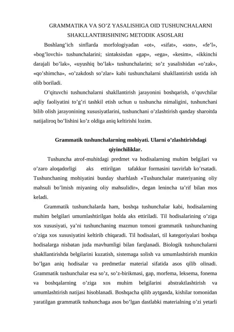 GRAMMATIKA VA SO’Z YASALISHIGA OID TUSHUNCHALARNI SHAKLLANTIRISHNING METODIK ASOSLARI 1