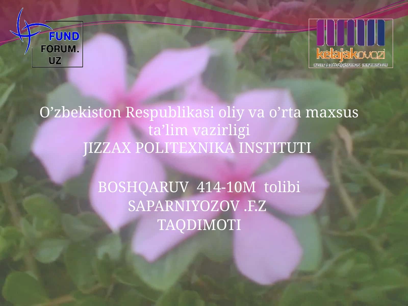 TAQDIMOTI O’ZBEKISTON RESPUBLIKASI JIZZAX VILOYATI JIZZAX SHAHRI Obodonlashtirishga ko’maklashuvchi ilmiy ishlab chiqaruv markaz LOYIHASI 1