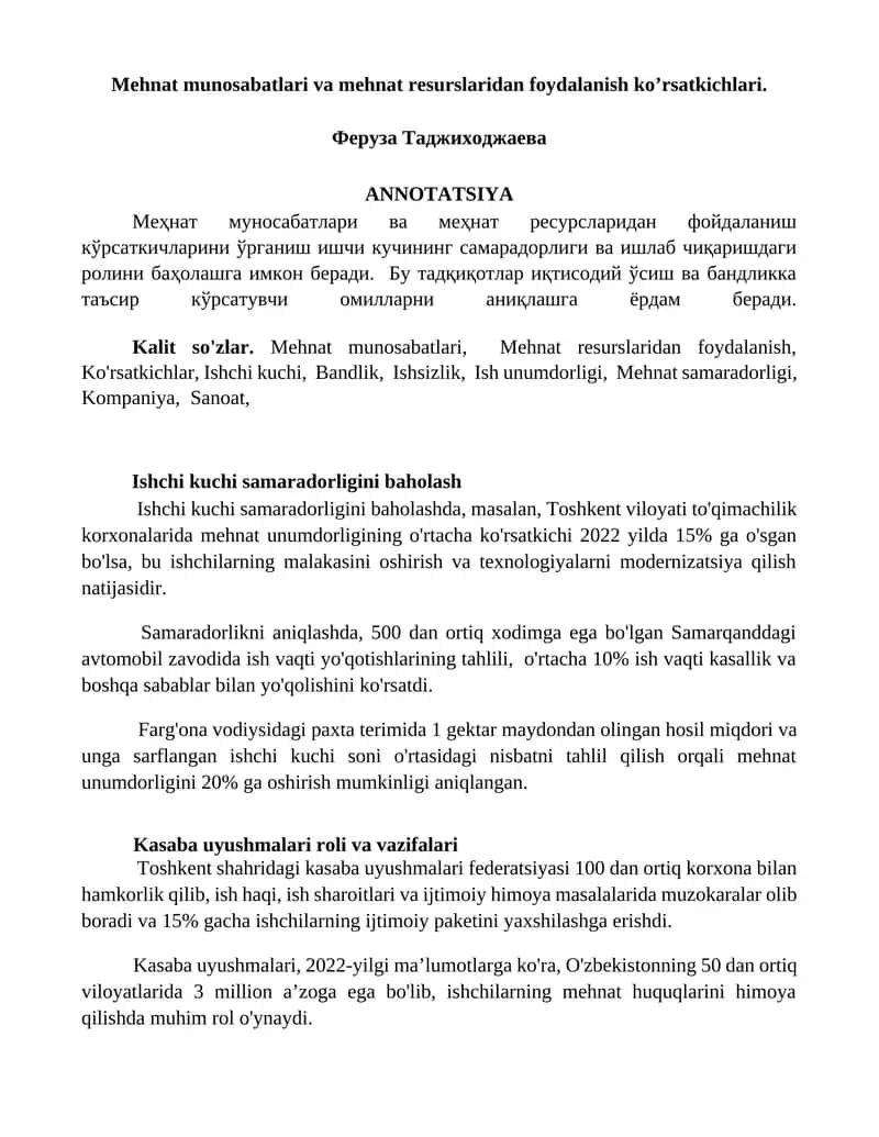 Mehnat munosabatlari va mehnat resurslaridan foydalanish ko’rsatkichlari 1