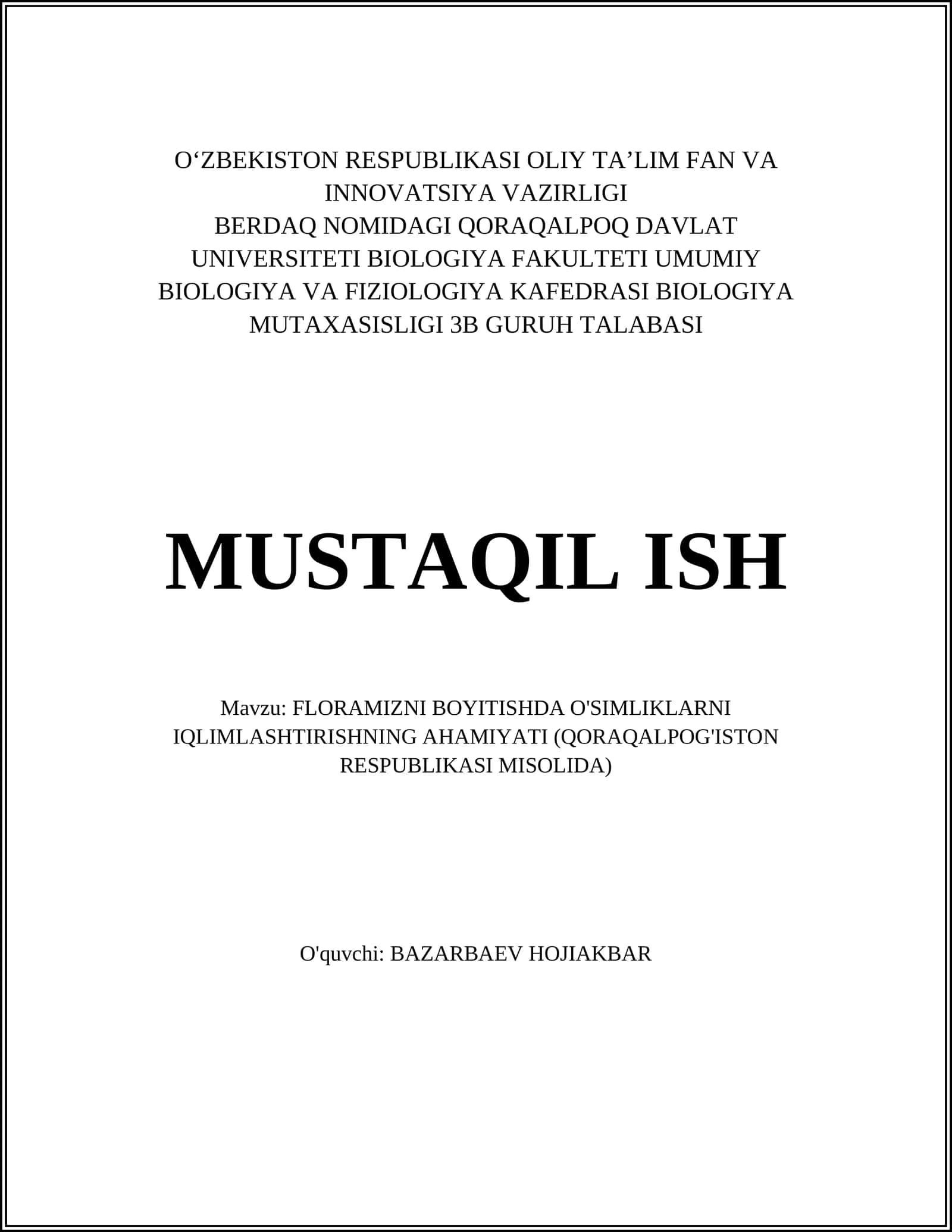 FLORAMIZNI BOYITISHDA O'SIMLIKLARNI IQLIMLASHTIRISHNING AHAMIYATI (QORAQALPOG'ISTON RESPUBLIKASI MISOLIDA) 1