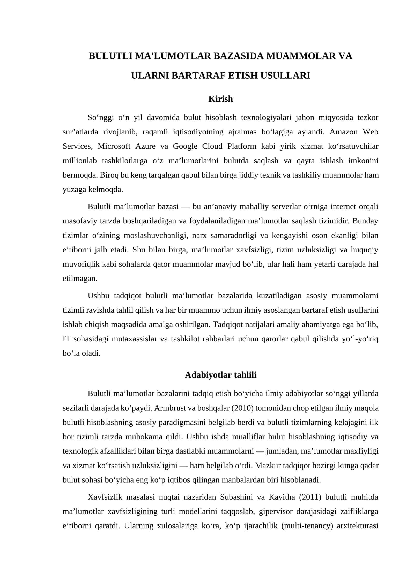 BULUTLI MA'LUMOTLAR BAZASIDA MUAMMOLAR VA ULARNI BARTARAF ETISH USULLARI 1
