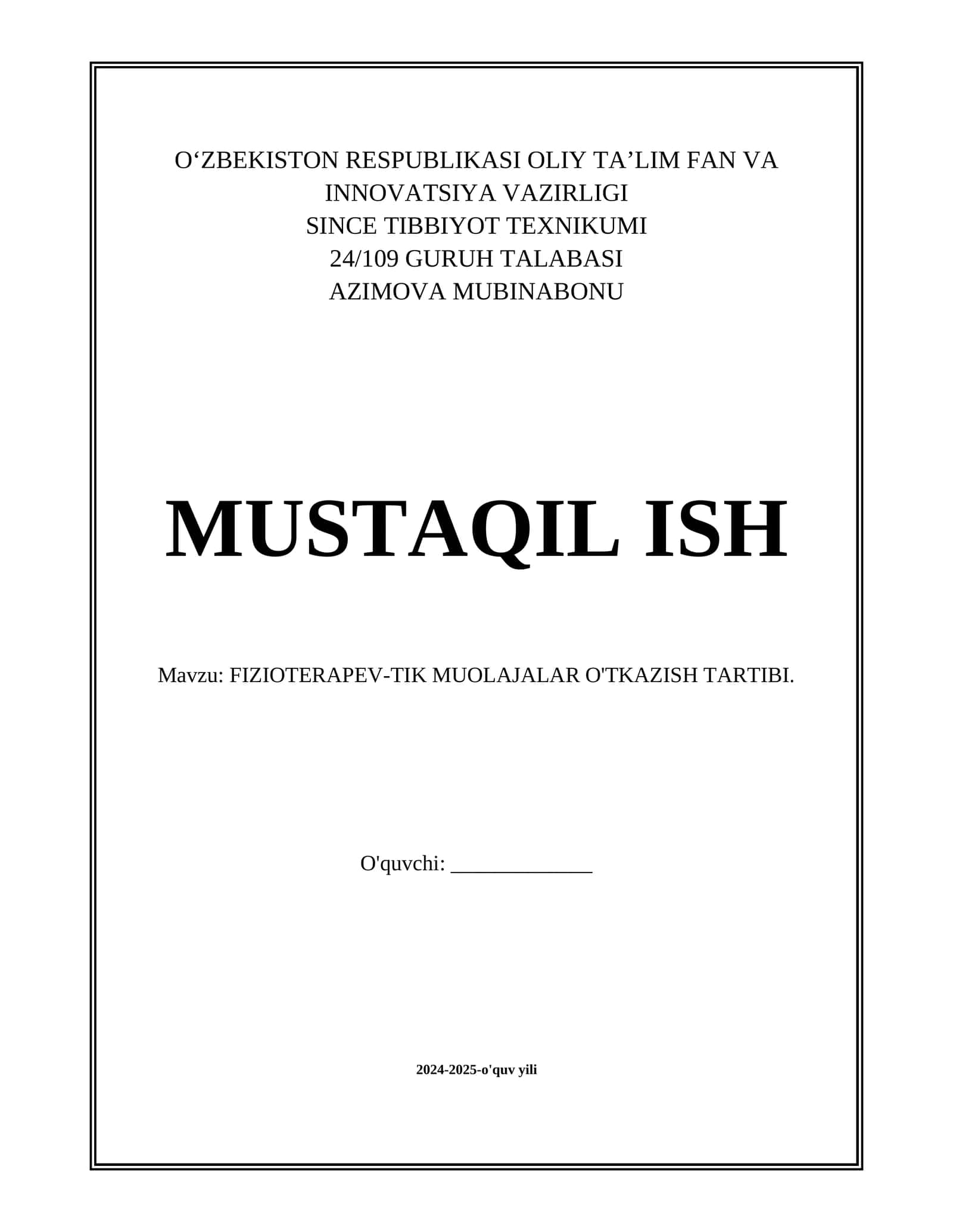 FIZIOTERAPEV-TIK MUOLAJALAR O'TKAZISH TARTIBI 1
