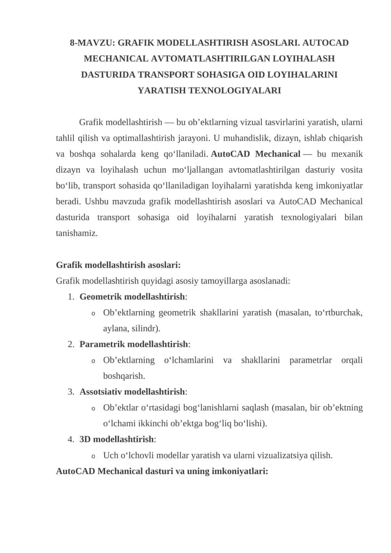GRAFIK MODELLASHTIRISH ASOSLARI. AUTOCAD MECHANICAL AVTOMATLASHTIRILGAN LOYIHALASH DASTURIDA TRANSPORT SOHASIGA OID LOYIHALARINI YARATISH TEXNOLOGIYALARI 1