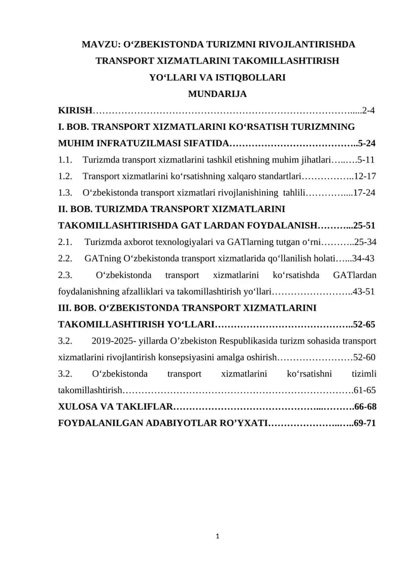 OʻZBEKISTONDA TURIZMNI RIVOJLANTIRISHDA TRANSPORT XIZMATLARINI TAKOMILLASHTIRISH 1