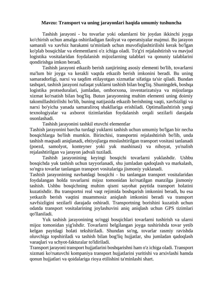 Transport va uning jarayonlari 1
