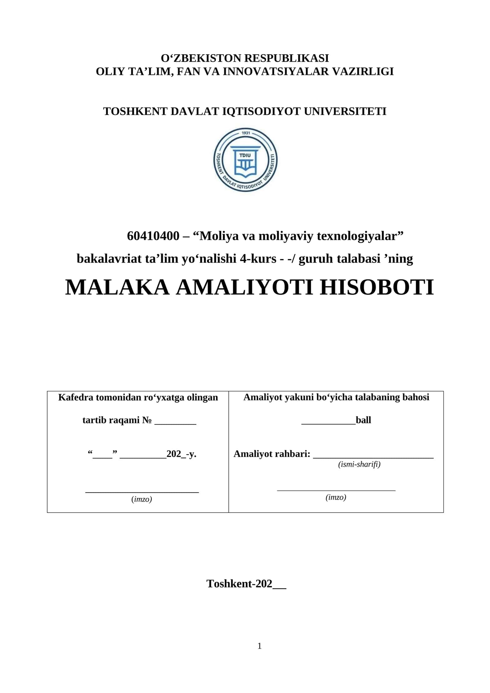XATB "Davrbank" Olmazor filiali. Amaliyot hisoboti 1