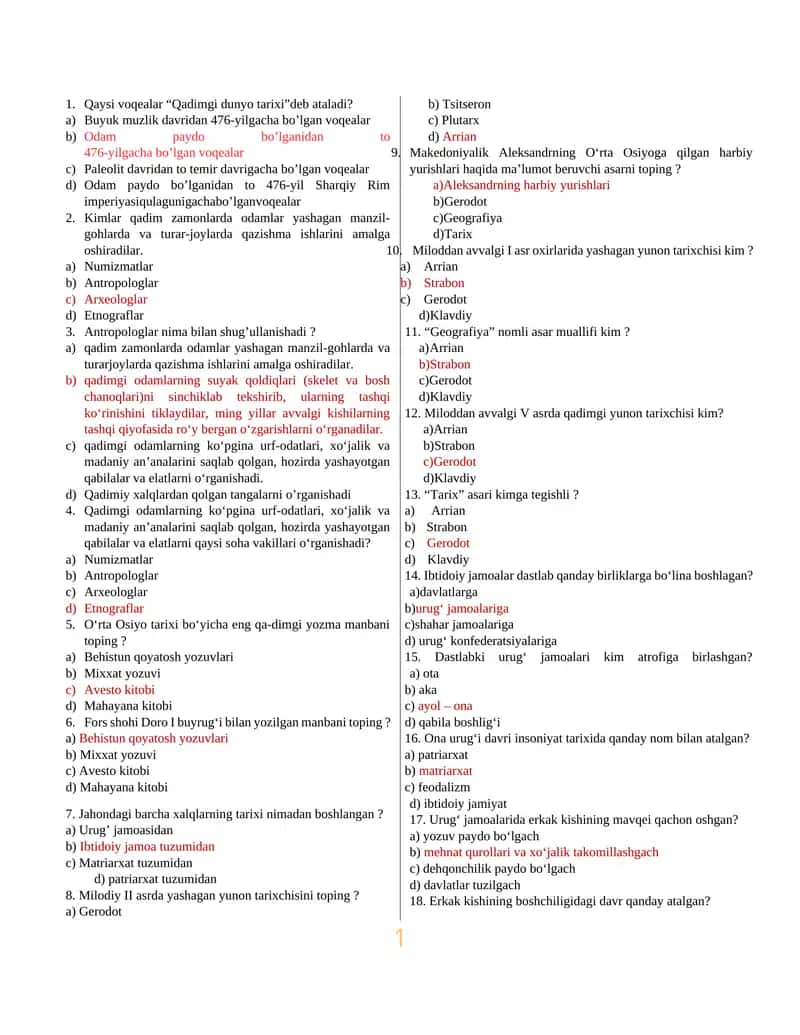 6-SINF TARIX MAVZULASHTIRILGAN TESTLAR 1-5-MAVZULAR 1