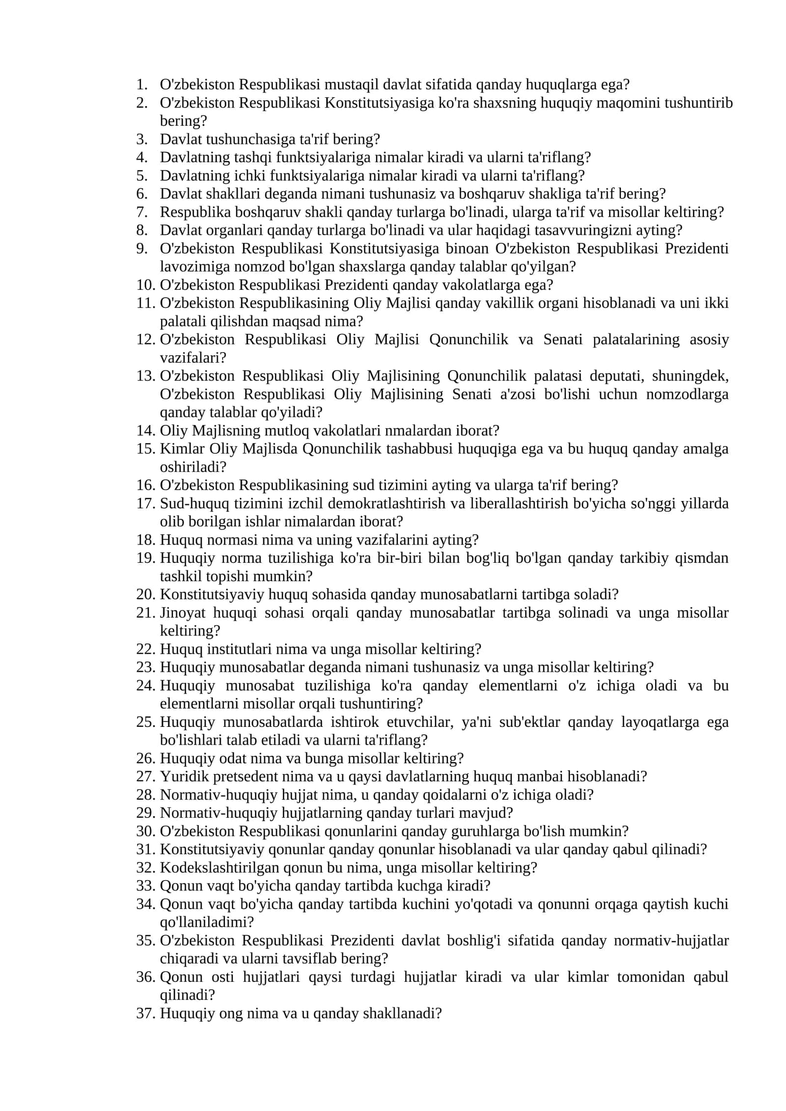 O'zbekiston Respublikasi Konstitutsiyasi bo'yicha savol-javoblar 1