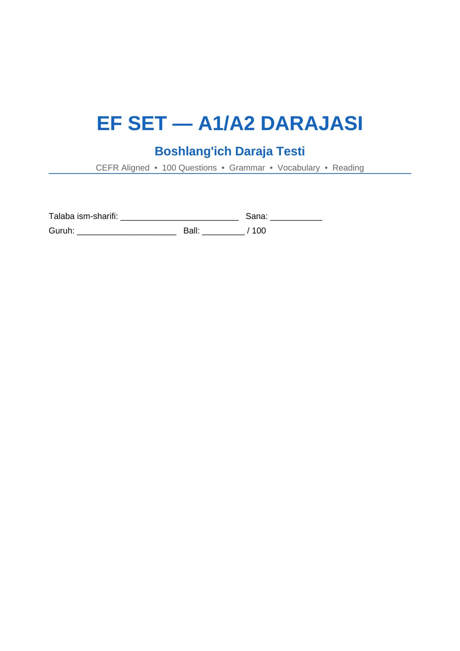 EF SET A1 va A2 darajadagi testlar 1