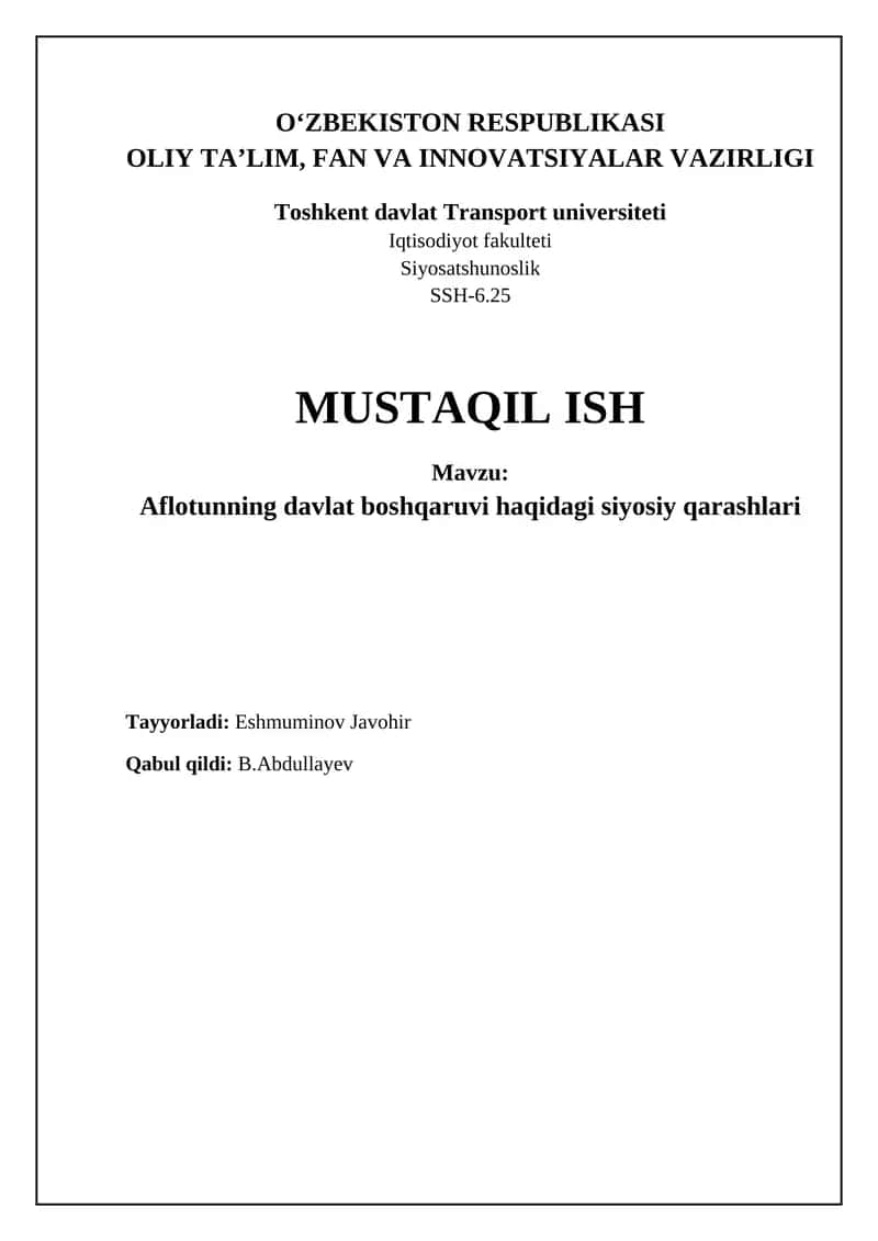 Aflotunning davlat boshqaruvi haqidagi qarashlari 1