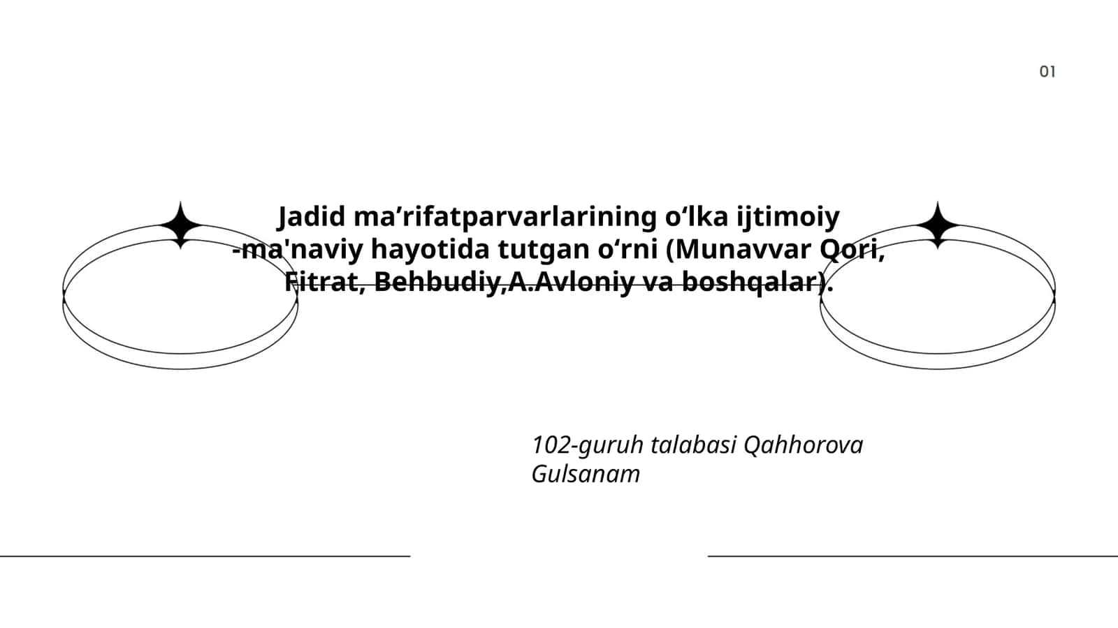 Jadid maʼrifatparvarlarining oʻlka ijtimoiy -ma'naviy hayotida tutgan oʻrni (Munavvar Qori, Fitrat, Behbudiy, A.Avloniy va boshqalar) 1