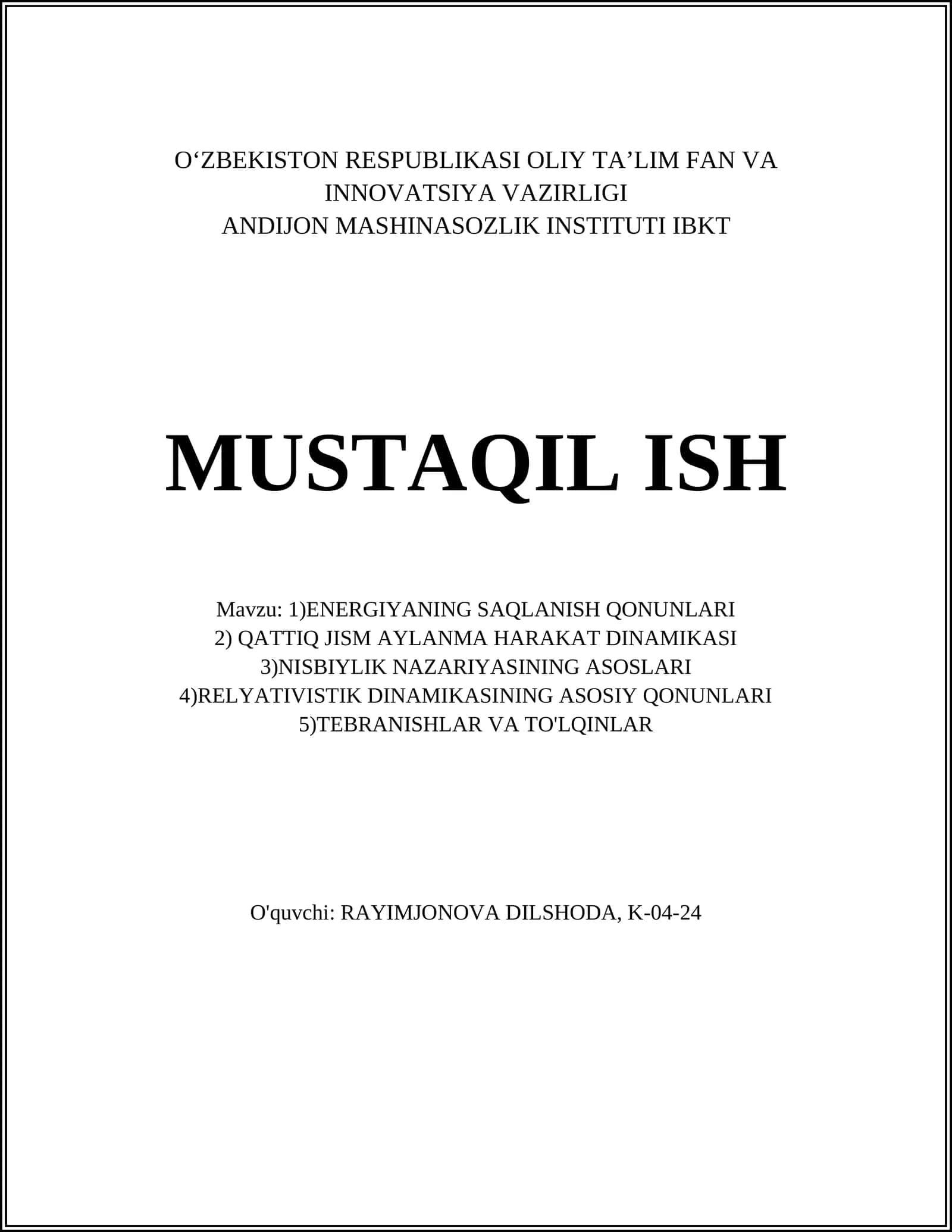 ENERGIYANING SAQLANISH QONUNLARI 1