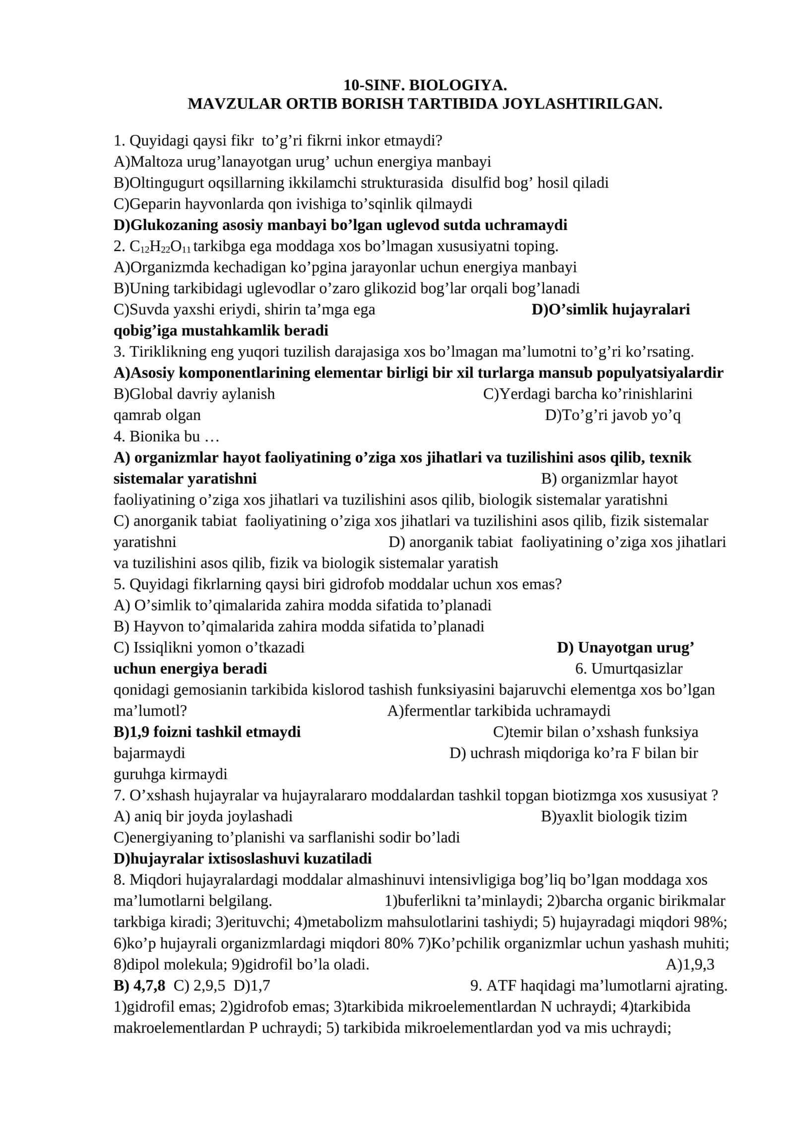 Biologiya fanidan 1200ta mavzulashtirilgan testlar javoblari bilan. 1