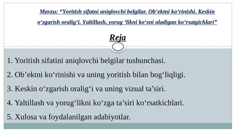 Yoritish sifatni aniqlovchi belgilar 1