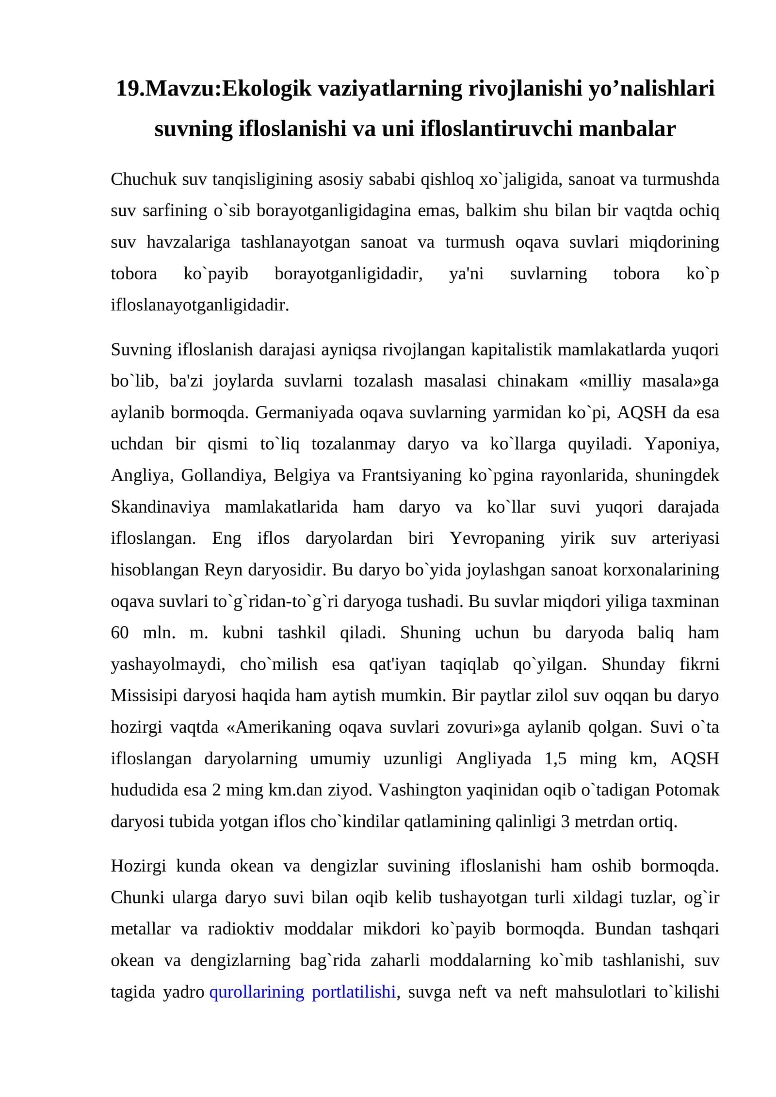 Ekologik vaziyatlarning rivojlanishi yo’nalishlari suvning ifloslanishi va uni ifloslantiruvchi manbalar 1