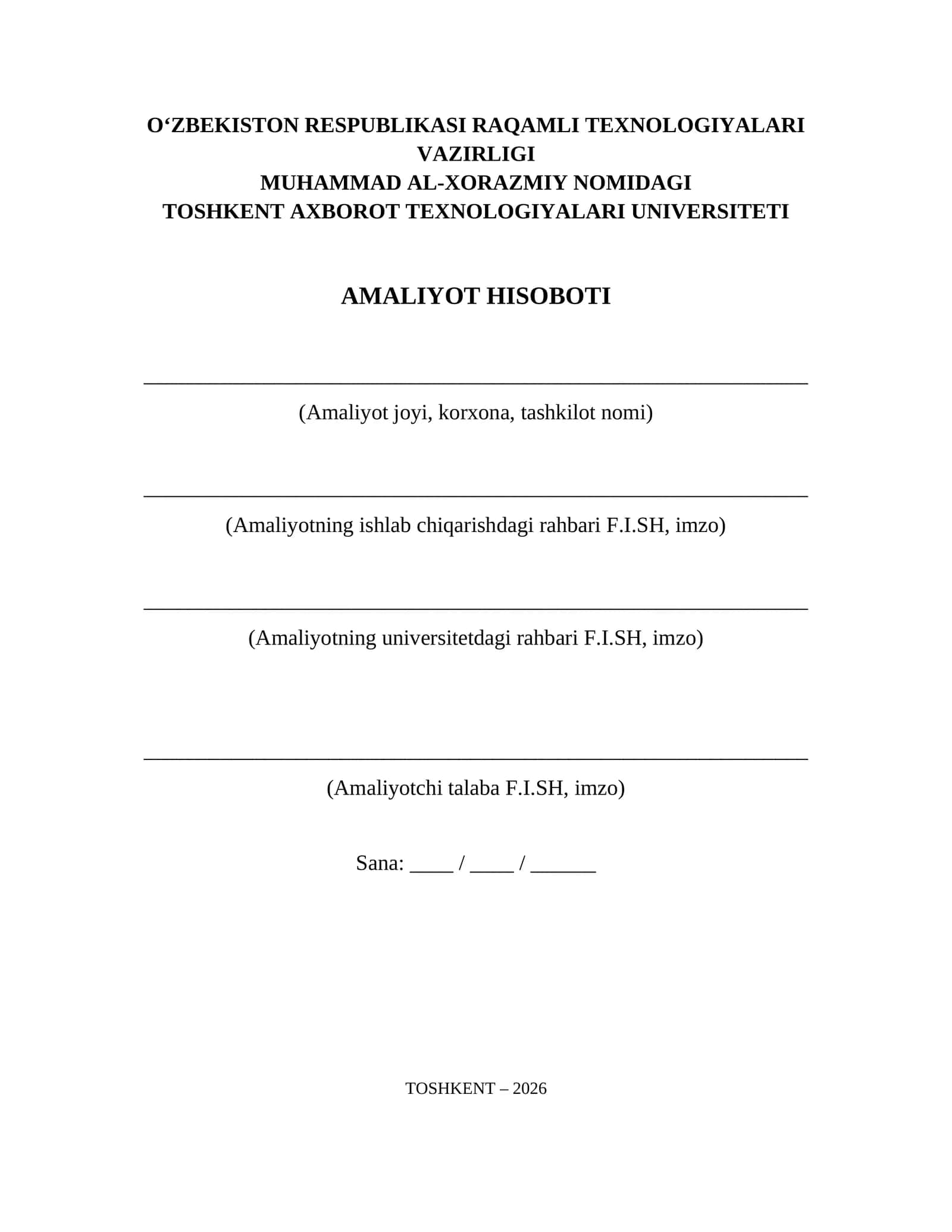 Amaliyot hisoboti blankasi TATU uchun 1