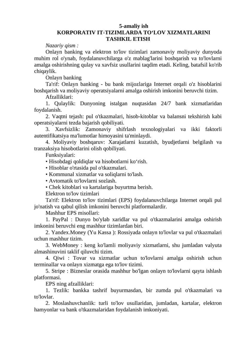 KORPORATIV IT-TIZIMLARDA TO‘LOV XIZMATLARINI TASHKIL ETISH 1