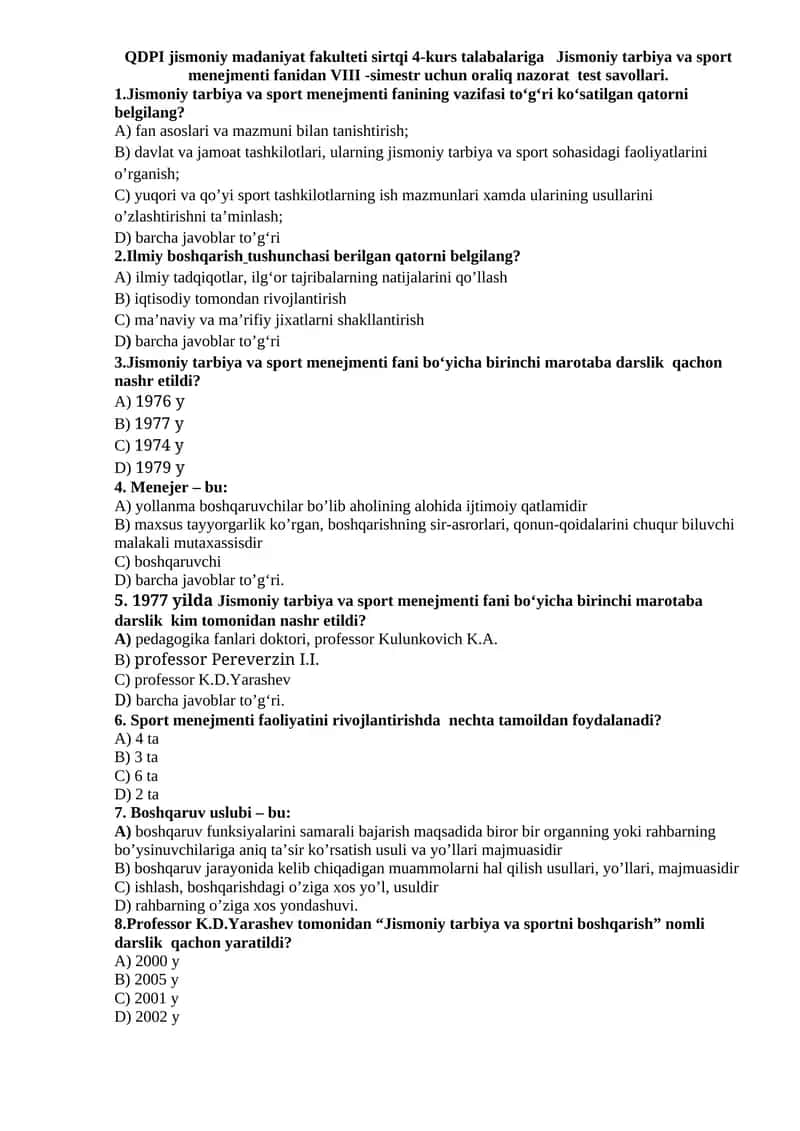 Jismoniy tarbiya va sport menejmenti fanidan VIII -simestr uchun oraliq nazorat test savollari 1
