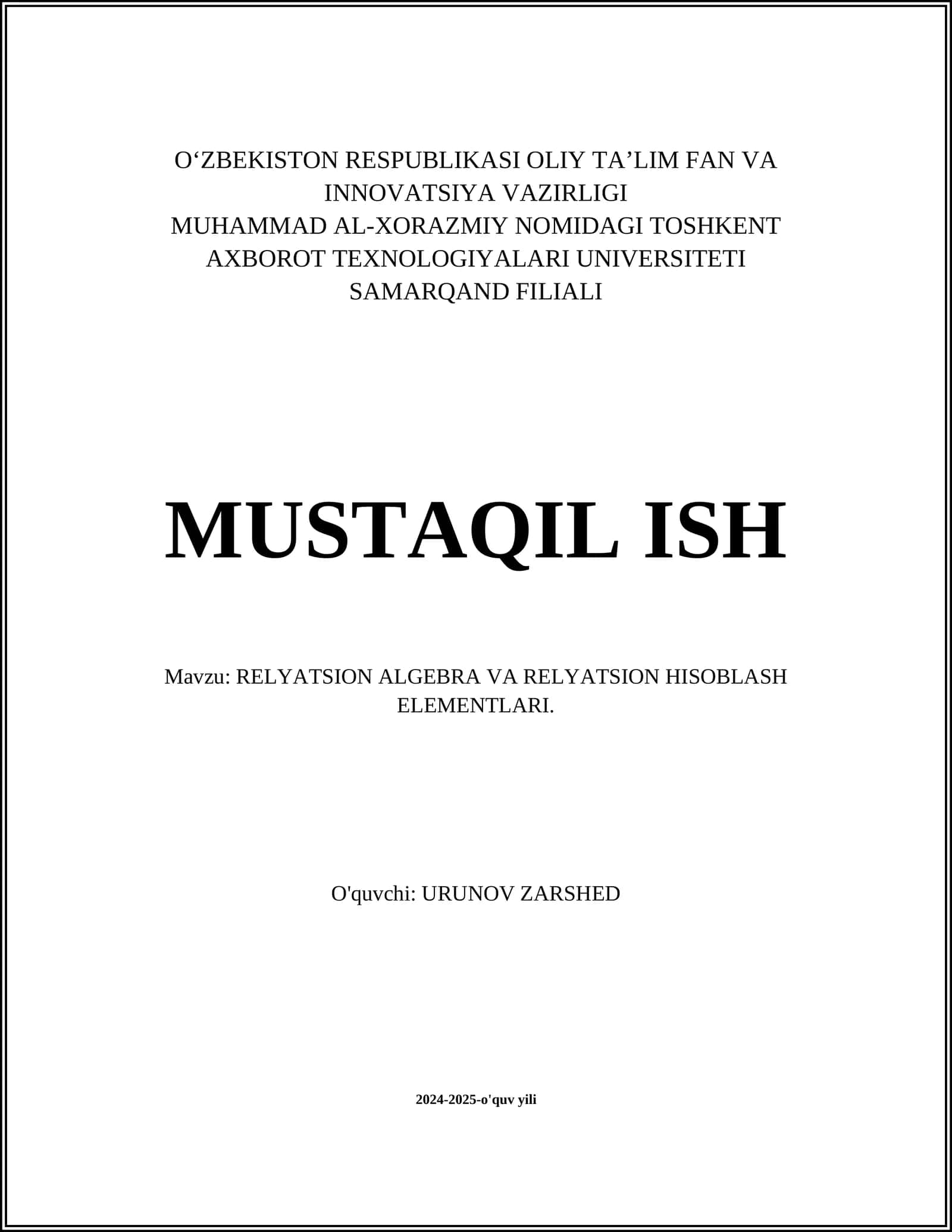 RELYATSION ALGEBRA VA RELYATSION HISOBLASH ELEMENTLARI 1