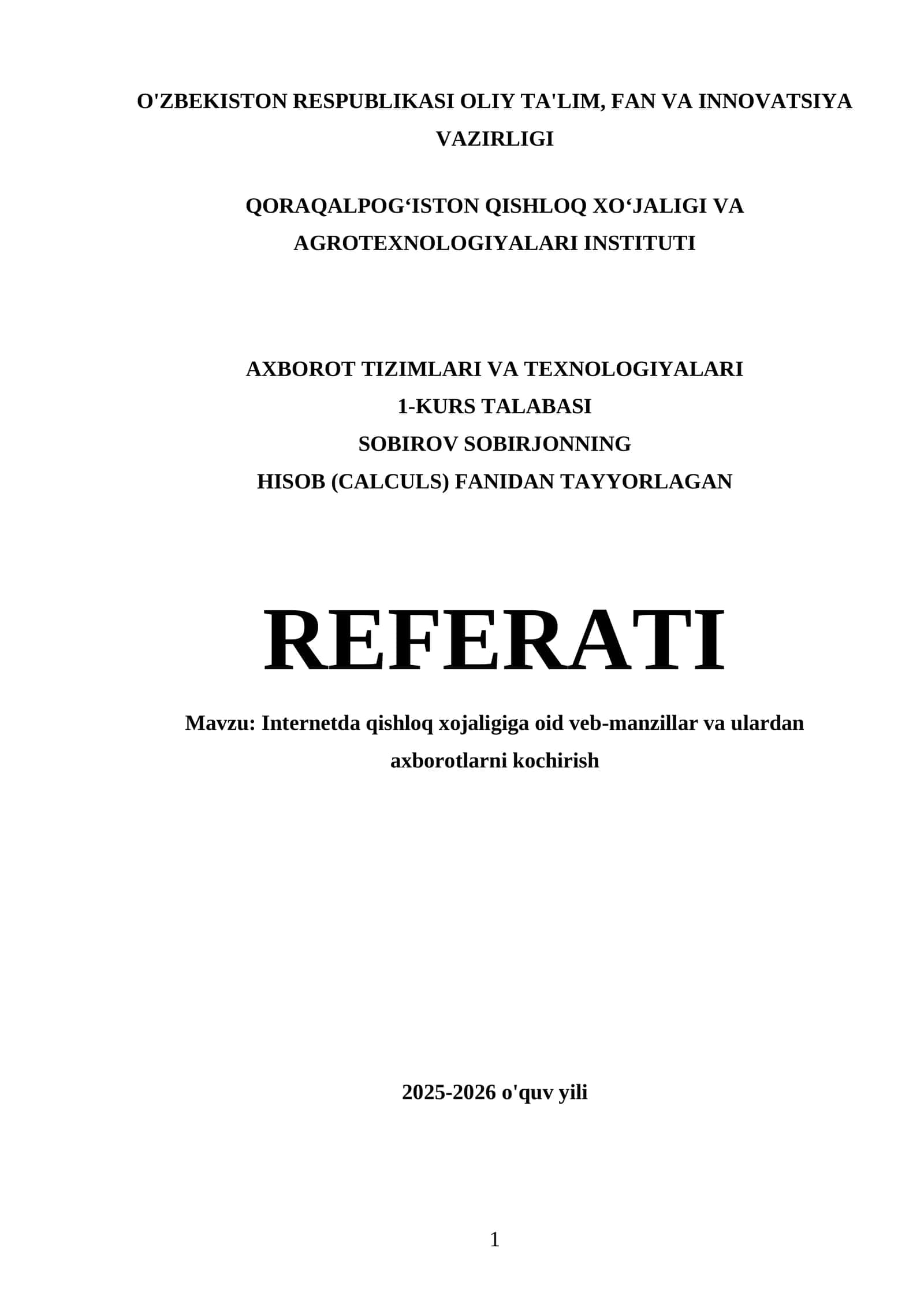 REFERAT: Internetda qishloq xojaligiga oid veb-manzillar va ulardan axborotlarni kochirish 1
