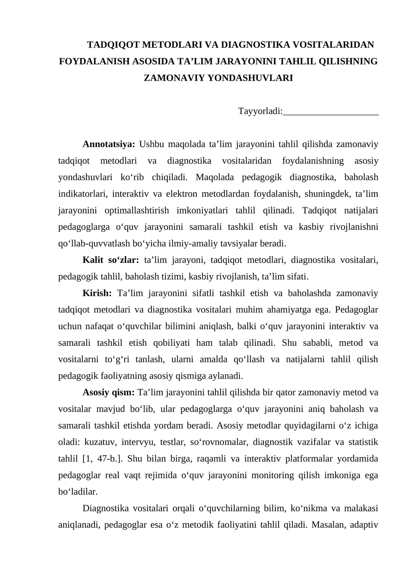 TADQIQOT METODLARI VA DIAGNOSTIKA VOSITALARIDAN FOYDALANISH ASOSIDA TA’LIM JARAYONINI TAHLIL QILISHNING ZAMONAVIY YONDASHUVLARI 1
