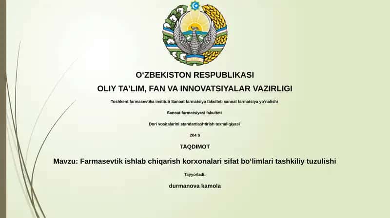 Farmasevtik ishlab chiqarish korxonalari sifat boʻlimlari tashkiliy tuzulishi 1