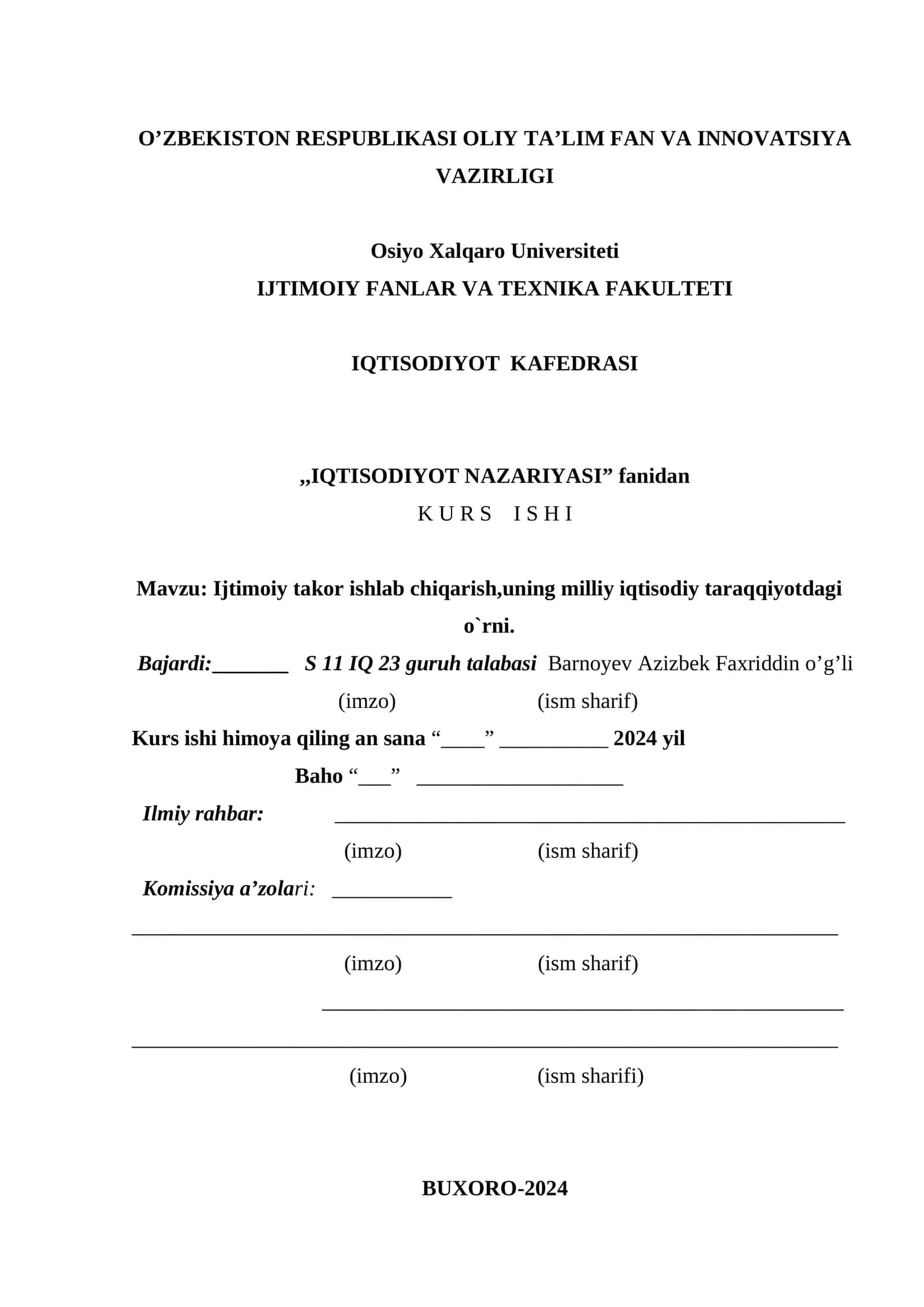 Ijtimoiy takor ishlab chiqarish,uning milliy iqtisodiy taraqqiyotdagi o`rni 1