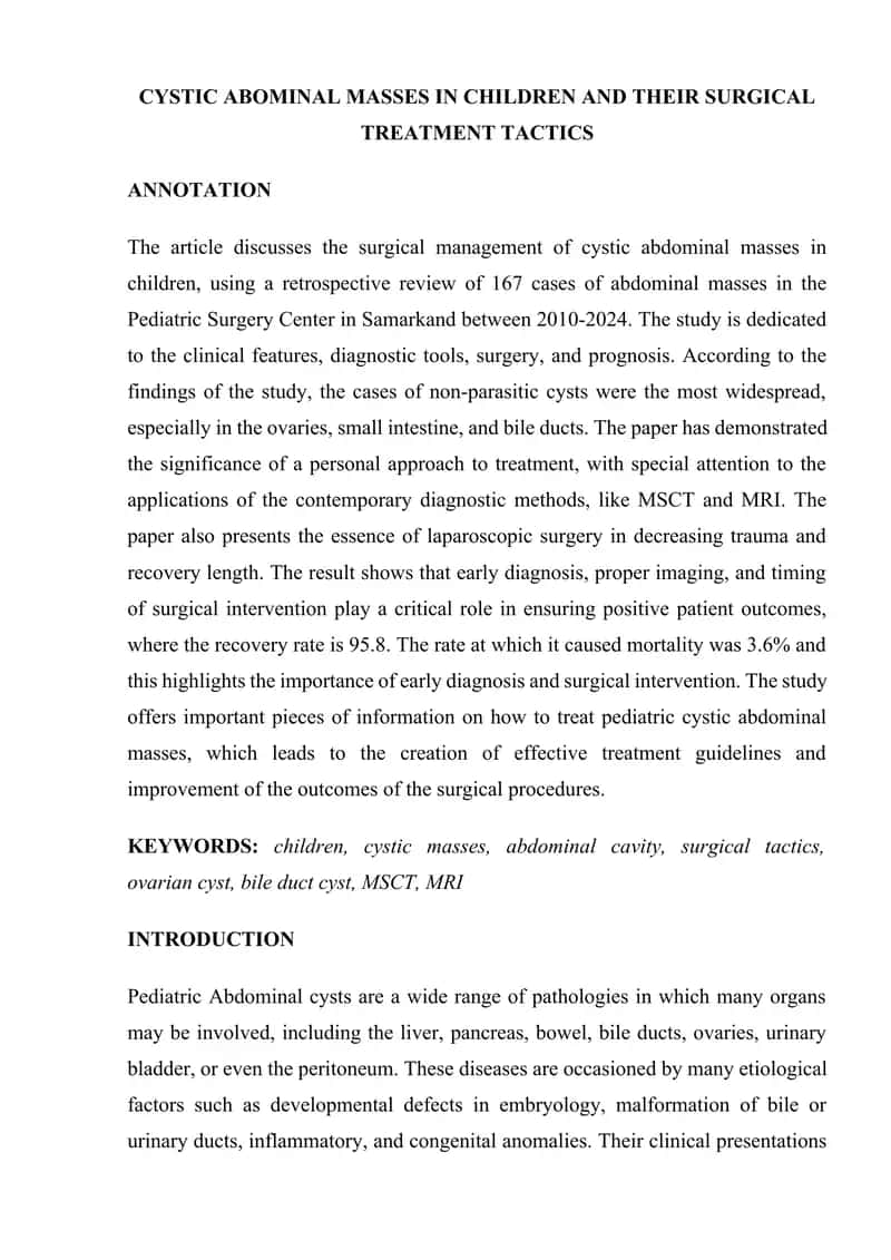 CYSTIC ABOMINAL MASSES IN CHILDREN AND THEIR SURGICAL TREATMENT TACTICS 1