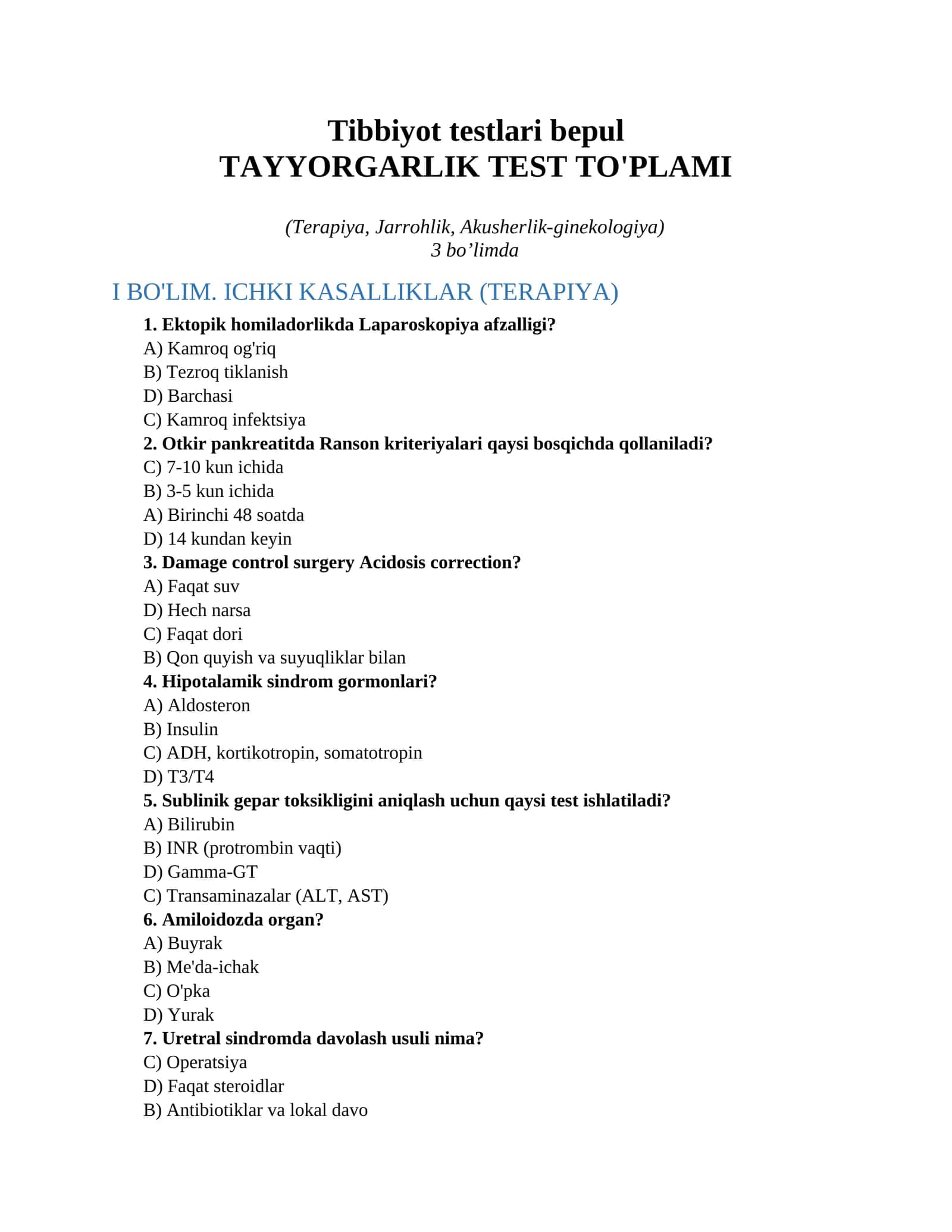 Tibbiyot testlari bepul 1