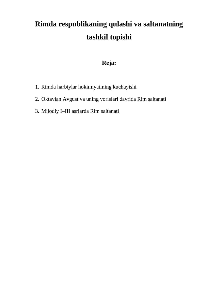 Rimda respublikaning qulashi va saltanatning tashkil topishi 1