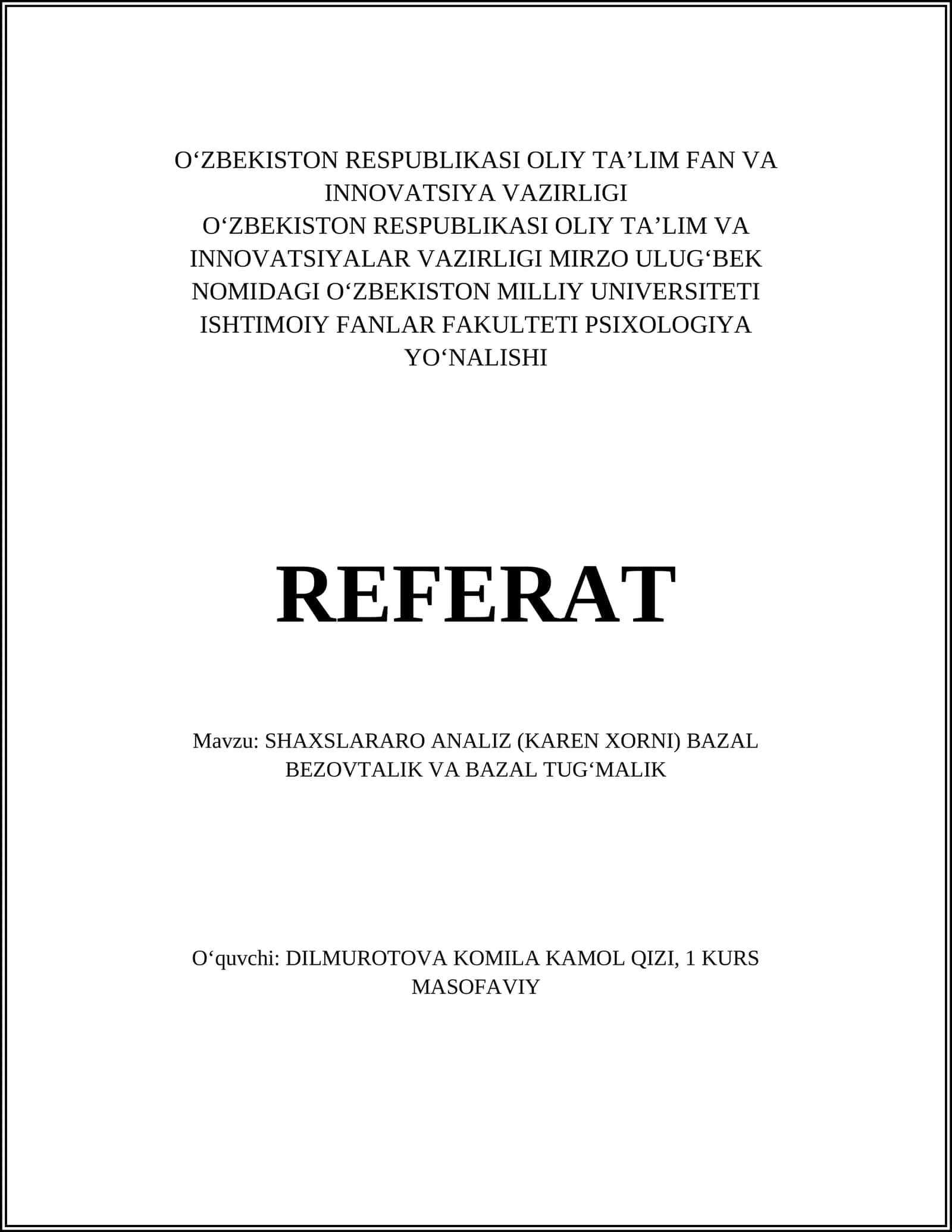 SHAXSLARARO ANALIZ (KAREN XORNI) BAZAL BEZOVTALIK VA BAZAL TUGʻMALIK 1